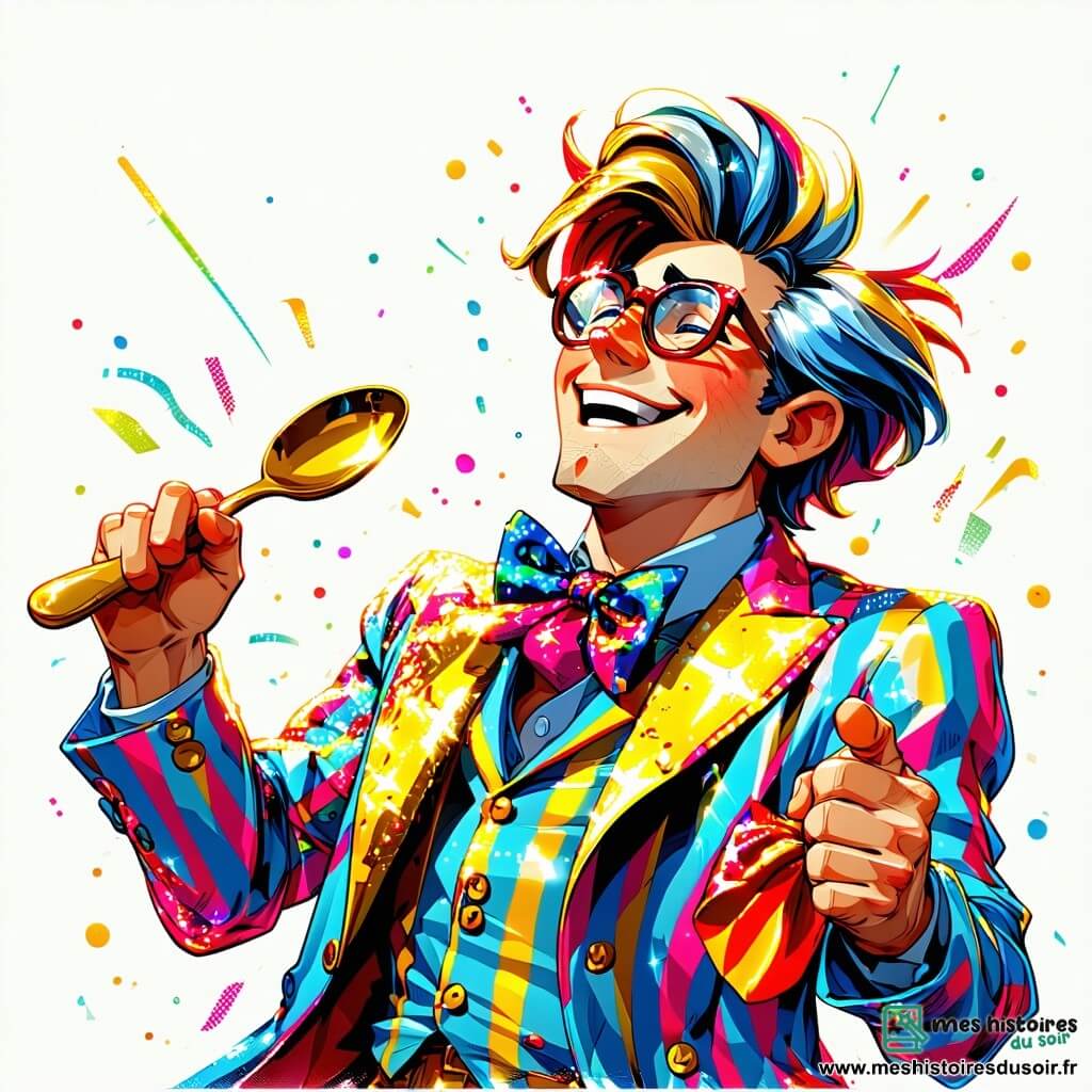 Super-Sottard, un homme aux cheveux ébouriffés et colorés, porte un costume à rayures scintillantes et danse joyeusement avec un grand sourire, tenant une cuillère géante. À ses côtés, le docteur Ratage, avec des lunettes trop grandes et un costume froissé, essaie de sortir d'une flaque de gelée, surpris mais amusé. Son robot assistant Patatras, aux formes arrondies, flotte dans les airs avec des ballons colorés. La scène se déroule sur la place du marché de Rigolopolis, entourée de maisons en forme de gâteaux et de voitures rigolotes, où des enfants jouent autour d'une flaque de gelée, sous un ciel teinté d'orange et de rose. Super-Sottard et le docteur Ratage, bien que rivaux, s'amusent ensemble, transformant le chaos en une fête joyeuse célébrant l'amitié et la bonne humeur.