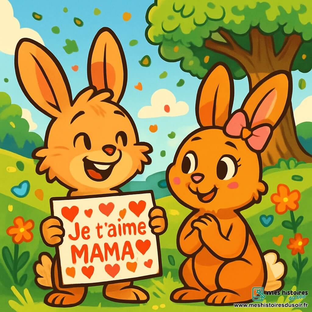 Au centre de l'image, Léon, un petit lapin aux grandes oreilles et à la fourrure douce, sourit fièrement en tenant une pancarte colorée avec des cœurs pour sa maman. À ses côtés, Madame Pompon, une lapine aux yeux pétillants et au ruban rose, regarde son fils avec tendresse. En arrière-plan, la prairie de la Colline aux Carottes est illuminée, avec un grand chêne et des fleurs colorées. La scène est joyeuse et festive, les lapins célébrant la fête des mères avec des confettis tombant du ciel.