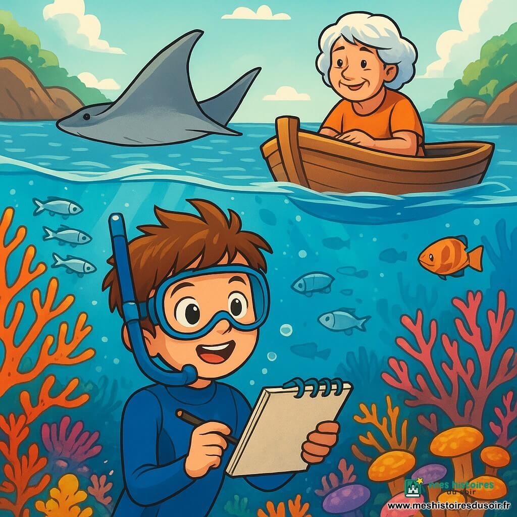 Un garçon de 10 ans, Édouard, nage sous l'eau, émerveillé par la beauté des coraux multicolores. Il porte une combinaison de plongée bleue et exprime une intense joie. À ses côtés, sa grand-mère, d'une soixantaine d'années, l'observe avec fierté depuis une barque en bois. La crique secrète, avec son eau bleu cristallin, est illuminée par le soleil. Édouard dessine dans son carnet étanche, captivé par des poissons argentés et une raie majestueuse qui passe au-dessus de lui, ajoutant une touche de magie à son aventure sous-marine.