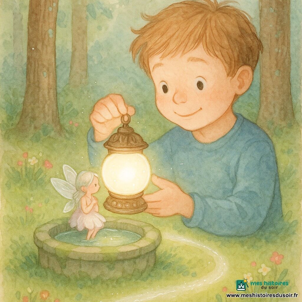 Léo, garçon d'environ 12–14 ans au visage rond et cheveux châtain clair en bataille, pose une pierre de lune ronde et pâle sur une petite lanterne en bronze patiné qui s'illumine d'une lumière laiteuse; un ruban lumineux éclaire une fontaine circulaire en pierre couverte de mousse où une petite fée aux ailes irisées et à la robe de pétales nacrés est assise, le regard émerveillé; clairière boisée aux verts tendres, fleurs basses et chemin d'étoiles argentées, palette douce et texture aquarelle avec scintillements blancs.