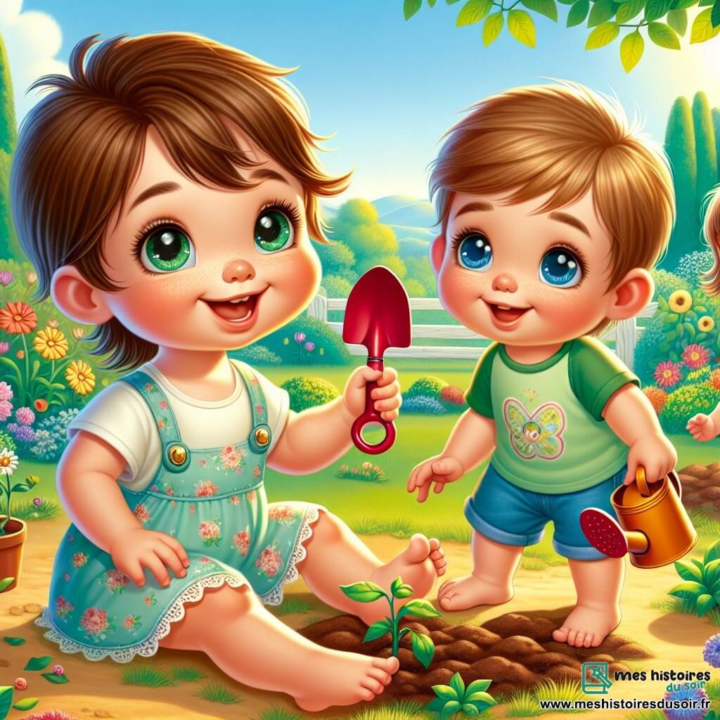 Un petit garçon de 1 an, aux cheveux bruns en désordre et aux yeux curieux, est assis dans un jardin ensoleillé avec une petite pelle rouge. Il sourit joyeusement. Sa maman, une femme d'une trentaine d'années avec de longs cheveux châtains en queue de cheval, l'observe avec tendresse, portant une robe légère à fleurs et un arrosoir. Léo, un garçon de 6 ans aux cheveux blonds et aux yeux bleus, se tient à proximité avec une graine à la main, vêtu d'un t-shirt vert et d'un short en jean, montrant à Lucas où planter la graine. Le jardin est rempli de fleurs colorées et d'arbres majestueux sous un ciel bleu ensoleillé, créant une ambiance estivale joyeuse. Lucas s'apprête à planter la graine, entouré de sa maman et de Léo, dans une belle journée d'été pleine de rires et de découvertes.