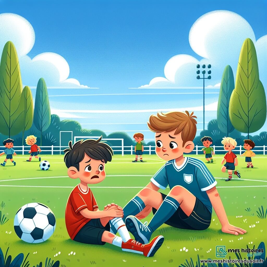 Maxime, un garçon de 10 ans, est assis sur le bord d'un terrain de football, triste, avec des cheveux bruns en bataille, un maillot bleu et un short noir, tenant une balle de football. À côté de lui, Tim, 8 ans, aux cheveux blonds, sourit et lui parle avec enthousiasme, portant un t-shirt rouge et un short jaune. Le terrain est verdoyant, entouré d'arbres et d'une clôture blanche, sous un ciel bleu avec quelques nuages. Maxime, blessé à la jambe, écoute Tim lui proposer de regarder des matchs ensemble, tout en rêvant de rejouer au football.