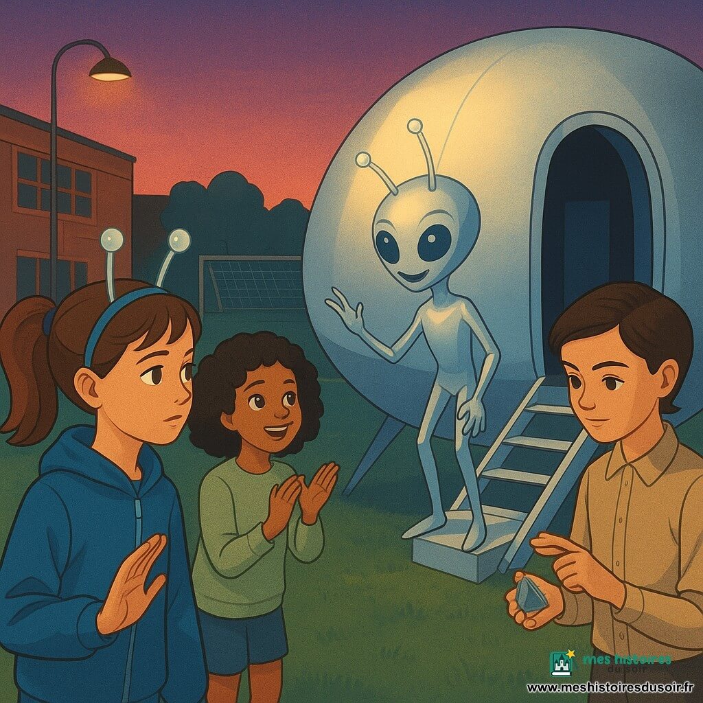 Cinq personnages se tiennent sur la pelouse de l'école au crépuscule : Lina (≈11 ans) châtain en queue de cheval, veste coupe-vent bleue, tenant un bandeau d'antennes et levant la main pour signaler ; Nour (≈11 ans) cheveux bouclés noirs, pull vert clair, pieds nus, souriant et applaudissant ; Zoé (≈11 ans) blonde en tresse, malicieuse, sac à dos tombant, mimant une antenne ; Maëlle (≈11 ans) brune aux cheveux courts, concentrée, tenant une petite lamelle de cristal réparée près de la porte du vaisseau ; et Piko, petit extraterrestre à peau argentée nacrée, tête large avec deux antennes lumineuses, accueillant depuis l'escalier d'un vaisseau-école argenté en forme de graine posé sur l'herbe; ambiance calme et lumineuse d'étonnement, coopération et prudence, ciel violet rosé, filets de soccer et gymnase en brique en arrière-plan.