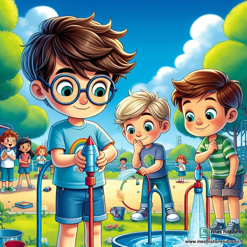 Léo, un garçon de 9 ans, est au centre de l'image, avec des cheveux bruns en bataille et des lunettes rondes. Il sourit avec excitation en regardant sa fusée en plastique. Il porte un t-shirt bleu avec un motif de fusée et un short en jean. À côté de lui, Tom, également âgé de 9 ans, a les cheveux blonds et est concentré à pomper de l'eau dans la fusée. Lucas, un autre garçon de 9 ans, se tient en retrait avec un air sceptique, tenant une tablette pour prendre des notes. La scène se déroule dans la cour de récréation, entourée d'arbres et de jeux colorés, sous un ciel bleu. L'atmosphère est excitante alors qu'ils comptent jusqu'à trois, prêts à lancer leur fusée.