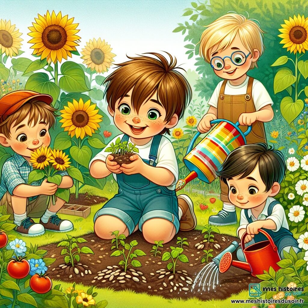 Dans un jardin fleuri, quatre garçons plantent des graines. Lucas, huit ans, avec des cheveux bruns, tient des graines de tournesol. Thomas, aussi huit ans, aux cheveux blonds et lunettes rondes, creuse un trou. Émile, sept ans, arrose les graines avec un arrosoir coloré. Max, huit ans en fauteuil roulant, observe et est prêt à aider. Le jardin est coloré avec des tournesols, des marguerites et des plants de tomates, et un étang scintille au fond. Les garçons rient et s'entraident, créant une atmosphère joyeuse.