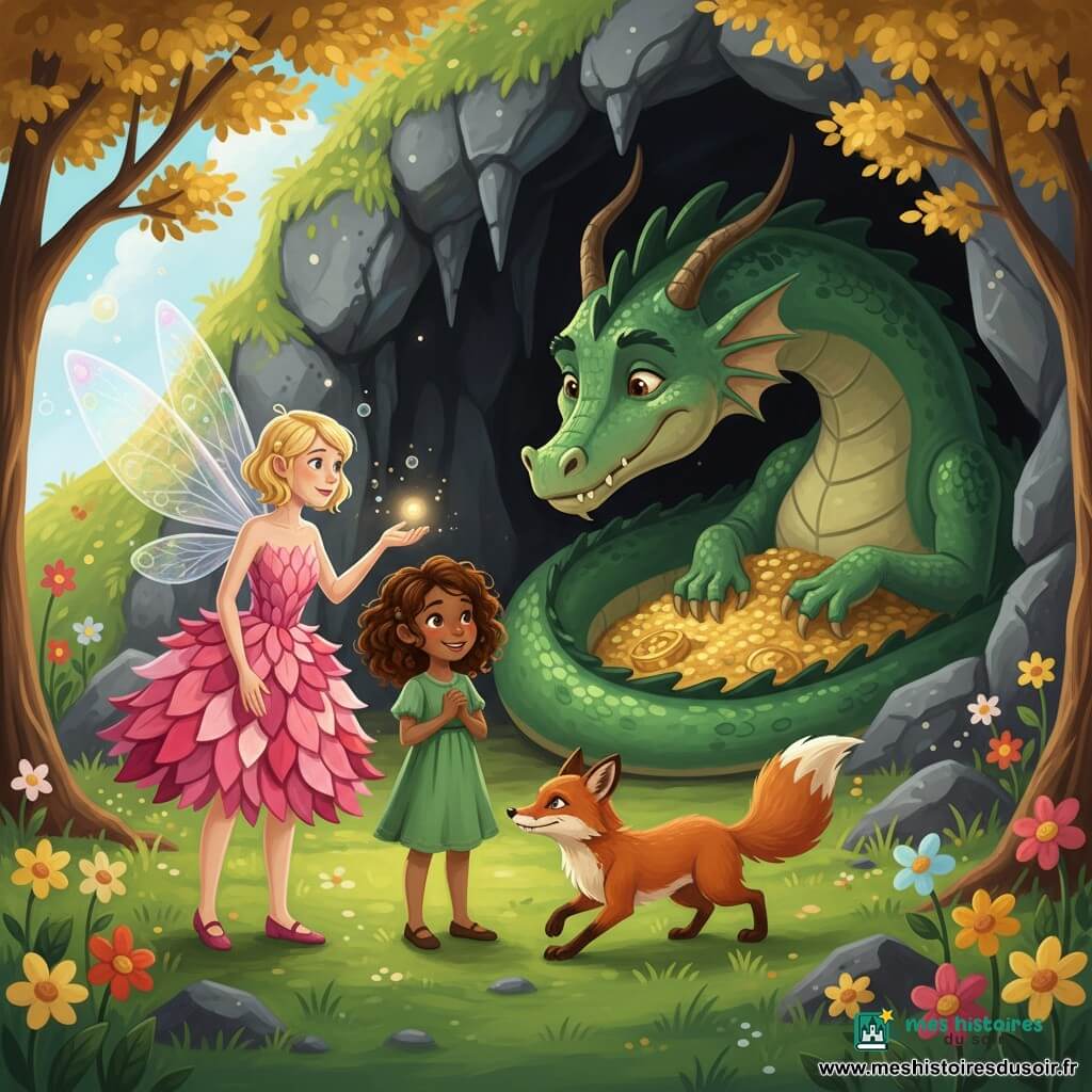 La fée Pétale, joyeuse et un peu nerveuse, ailes translucides irisées, robe de pétales roses et cheveux blonds courts, tend une petite main lumineuse vers l’entrée de la grotte ; Lila, fillette d’environ 7 ans aux cheveux bouclés chocolat et yeux brillants, en robe verte se tient courageuse et souriante, mains jointes ; Roux, petit renard au pelage roux, museau malin et queue touffue, est accroupi et attentif ; le dragon Émeraude, immense mais doux, aux écailles brillantes et aux yeux timides, est allongé dans la grotte la tête sur un tas de trésors dorés, regardant le trio ; sur une colline herbeuse et fleurie, arbres à feuilles dorées encadrant l’ouverture sombre, la fée et ses amis demandent gentiment au dragon de laisser entrer la famille de Pétale, ambiance lumineuse, couleurs chaudes et expressions douces, composition centrée sur le dialogue.