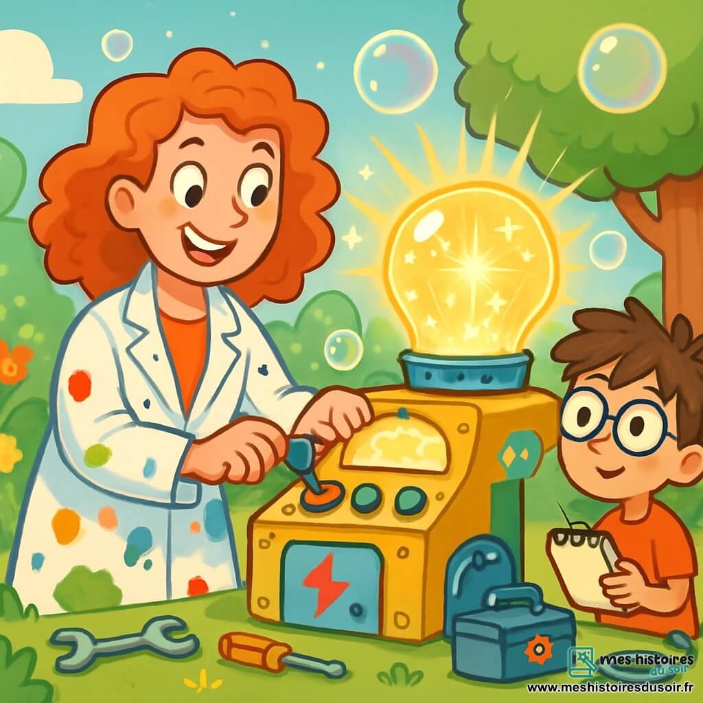 Mademoiselle Inventeur, une femme aux cheveux bouclés et roux, porte une blouse de laboratoire tachée de peinture. Elle a des yeux curieux et un grand sourire, ajustant les boutons de son invention, le Transmutateur, qui brille. À ses côtés, un garçon de 8 ans avec des lunettes rondes observe, carnet en main, prêt à noter. Le décor est une cour ensoleillée avec des fleurs colorées et des arbres doux comme de la peluche, créés par la machine. Des outils sont éparpillés, ajoutant une touche de magie. Mademoiselle Inventeur lance son expérience, entourée de lumières scintillantes et de bulles de savon géantes, créant une atmosphère joyeuse.