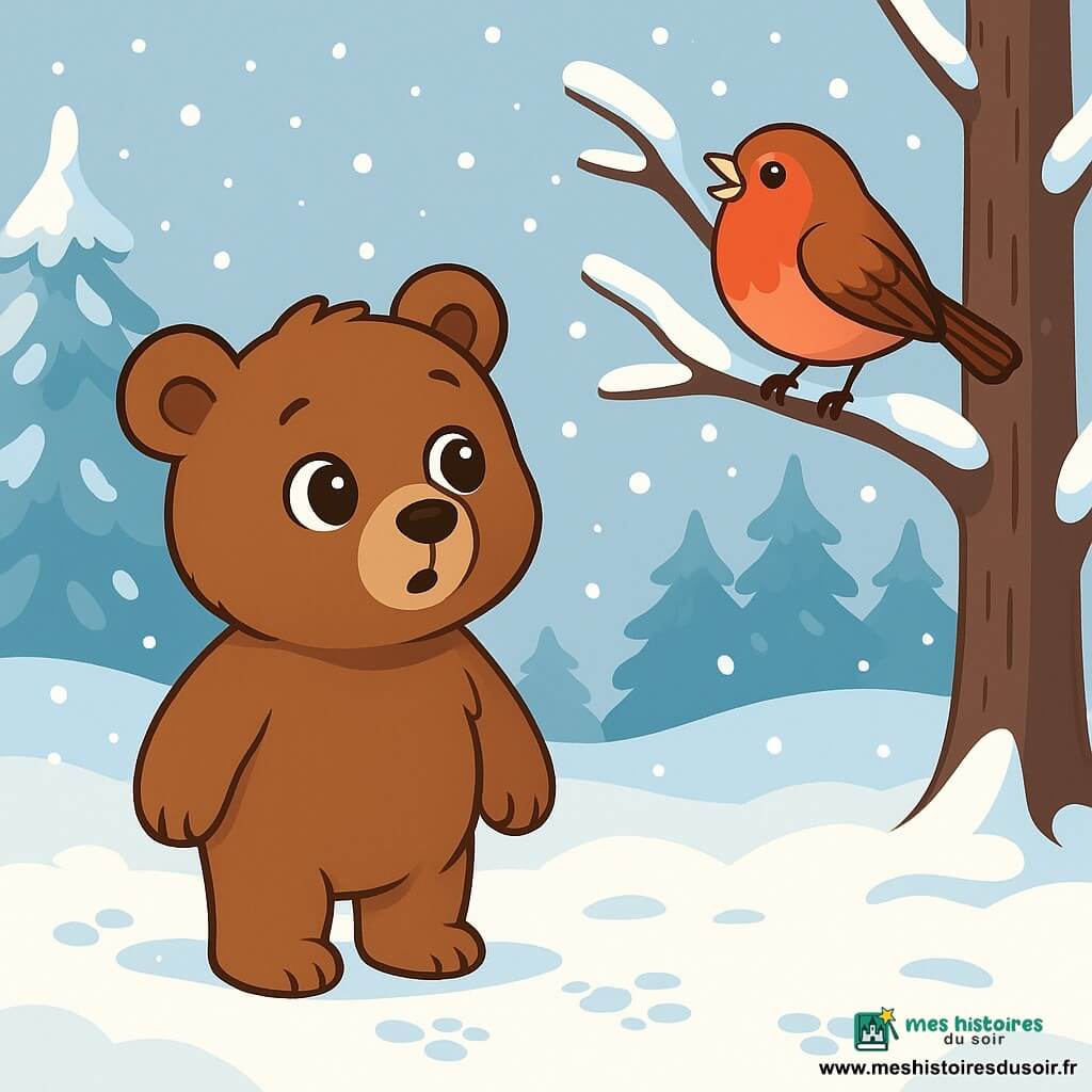 Un petit ours brun, aux yeux ronds et brillants, se tient debout dans la neige, curieux et frissonnant. Son pelage doux et duveteux laisse des empreintes dans la neige fraîche. À côté, un rouge-gorge au plumage rouge vif chante joyeusement sur une branche, ajoutant une touche de couleur à l'environnement blanc. La scène se déroule dans une forêt hivernale enchantée, avec des arbres recouverts de neige scintillante et des flocons tombant doucement du ciel, créant une ambiance paisible et magique. L'ours regarde le rouge-gorge avec curiosité, apportant un moment de joie au cœur de l'hiver.