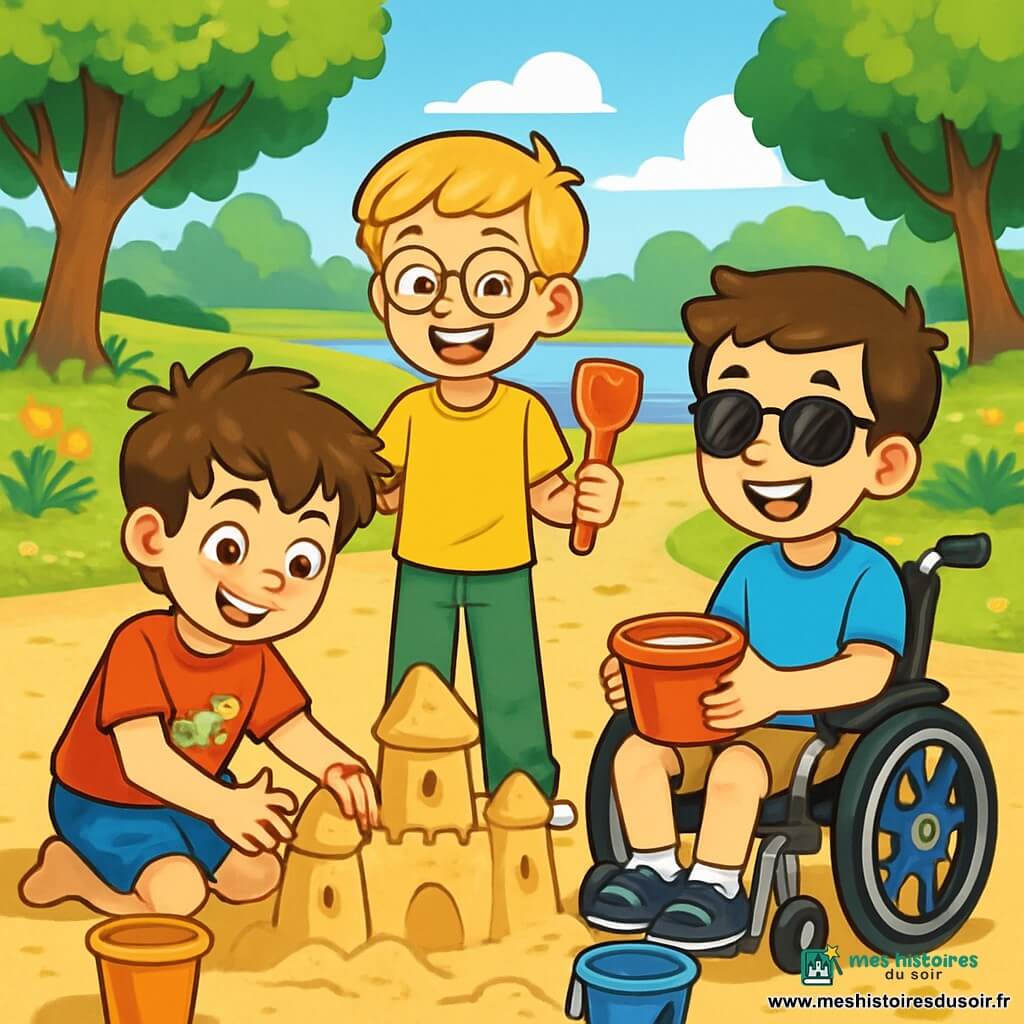 Trois personnages sont présents : Tom, un garçon de 10 ans aux cheveux bruns en bataille, portant un t-shirt rouge avec un dinosaure et un short bleu, est assis sur le sol, concentré sur la construction d'un château de sable. Léo, également âgé de 10 ans, a des cheveux blonds et des lunettes rondes, il porte un t-shirt jaune et un pantalon vert, et se tient debout à côté de Tom avec une pelle, souriant. Noah, un garçon aux cheveux châtains et lunettes de soleil, est assis dans un fauteuil roulant décoré de stickers colorés, tenant un seau de sable et souriant à ses amis. La scène se déroule dans un parc ensoleillé avec un étang scintillant en arrière-plan, entouré d'arbres et de fleurs colorées. Tom, Léo et Noah construisent ensemble un château de sable, illustrant leur amitié et leur créativité à travers leurs rires.