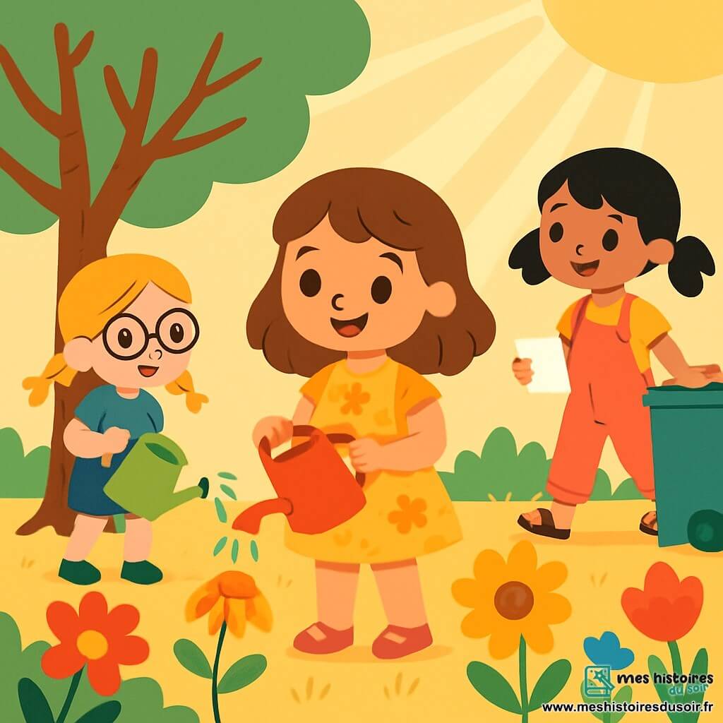 Trois personnages sont présents : Lina, une fille de 6 ans aux cheveux bruns et yeux pétillants, portant une robe jaune à fleurs et versant de l'eau sur une fleur avec un arrosoir rouge ; Zoé, une fille de 5 ans avec des cheveux blonds en tresses et lunettes rondes, habillée d'un t-shirt bleu et d'un short en jean, arrosant un grand arbre avec un arrosoir vert ; et Mia, une fille de 7 ans aux cheveux noirs en couettes, en salopette rose, se dirigeant vers une poubelle avec un morceau de papier. Le jardin ensoleillé est rempli de fleurs colorées, certaines fanées, avec une herbe jaunie et un grand arbre sec au fond. Les trois amies arrosent les plantes pour les aider à revivre, leurs visages joyeux contribuant à l'éveil du jardin.