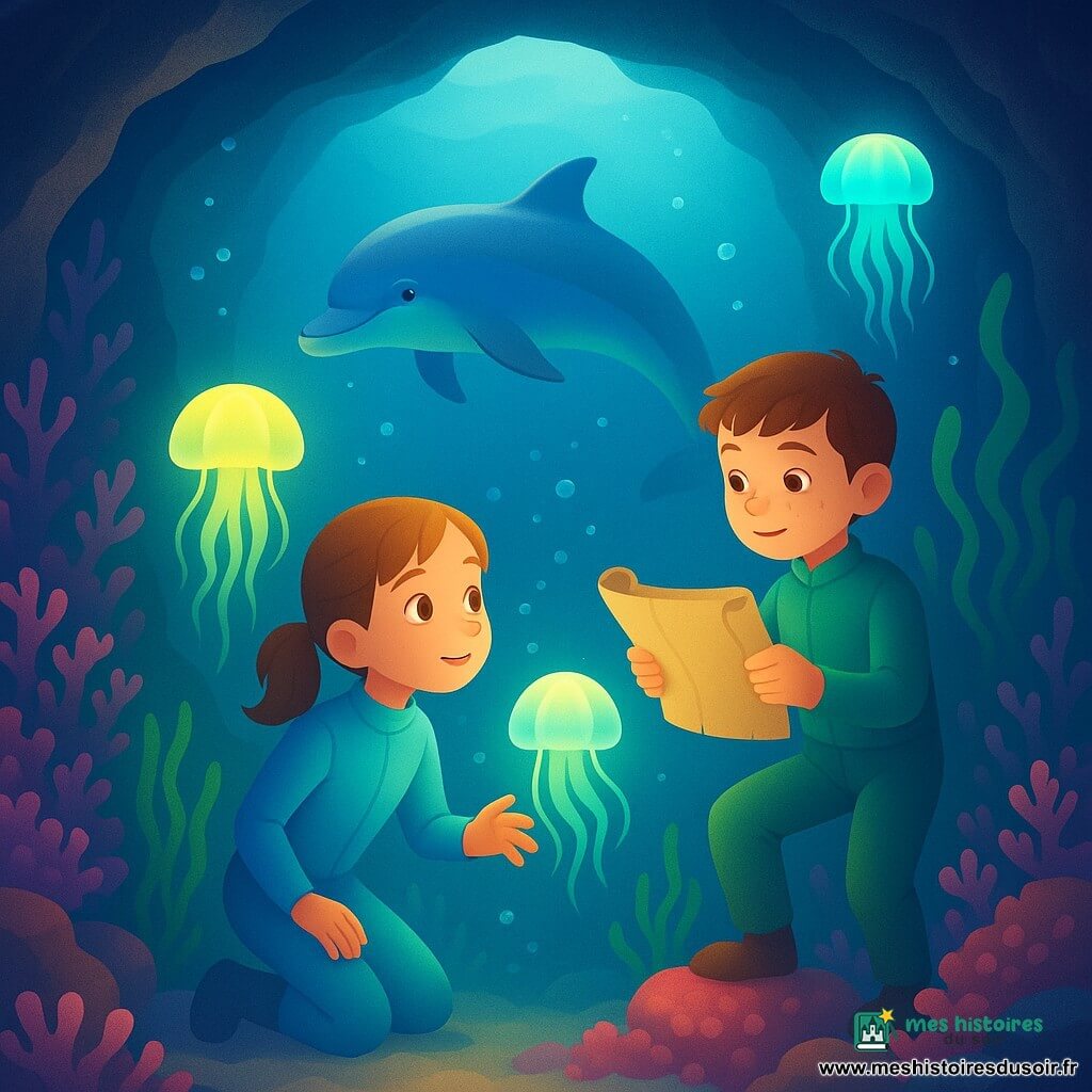 Trois personnages : Chloé, ~9 ans, cheveux châtain clair en queue de cheval, yeux curieux, combinaison de plongée bleu clair, agenouillée légèrement dans l'eau au centre-gauche tendant la main vers une méduse lumineuse ; Léo, ~10 ans, cheveux bruns courts, taches de rousseur, combinaison vert d'eau, debout sur un rocher corallien à droite, tenant un parchemin ancien roulé ; un dauphin-guide gris argenté aux reflets bleus en arrière-plan près du centre, nageant en courbe comme pour les inviter à suivre. Lieu : grotte sous-marine baignée d'une lumière douce, parois rocheuses couvertes de coraux roses et violets, bancs d'algues ondulantes, petites bulles scintillantes et méduses fluorescentes jaunes et turquoise flottant comme des lanternes. Situation : les enfants explorent la grotte des merveilles, émerveillés, ambiance magique et sereine aux couleurs saturées, contrastes doux et textures lisses légèrement granuleuses, lumière provenant d'une ouverture au plafond marin.