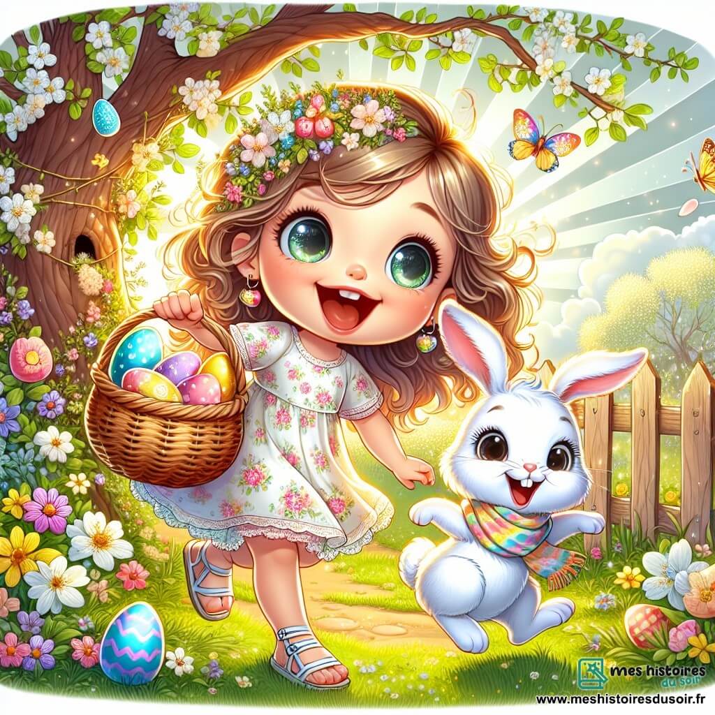 Une petite fille de 4 ans, Lila, avec de grands yeux pétillants et des cheveux bouclés, sourit en tenant un panier en osier rempli d'œufs colorés. Elle porte une robe légère à fleurs et des sandales, sautant d'excitation dans le jardin. À côté d'elle, un lapin blanc souriant, habillé d'une écharpe colorée, danse autour d'un vieux pommier. Le jardin est rempli de fleurs éclatantes, de papillons et de rayons de soleil, créant une ambiance magique. Lila découvre un œuf bleu scintillant caché dans les pétales d'une fleur, émerveillée par la magie de Pâques.
