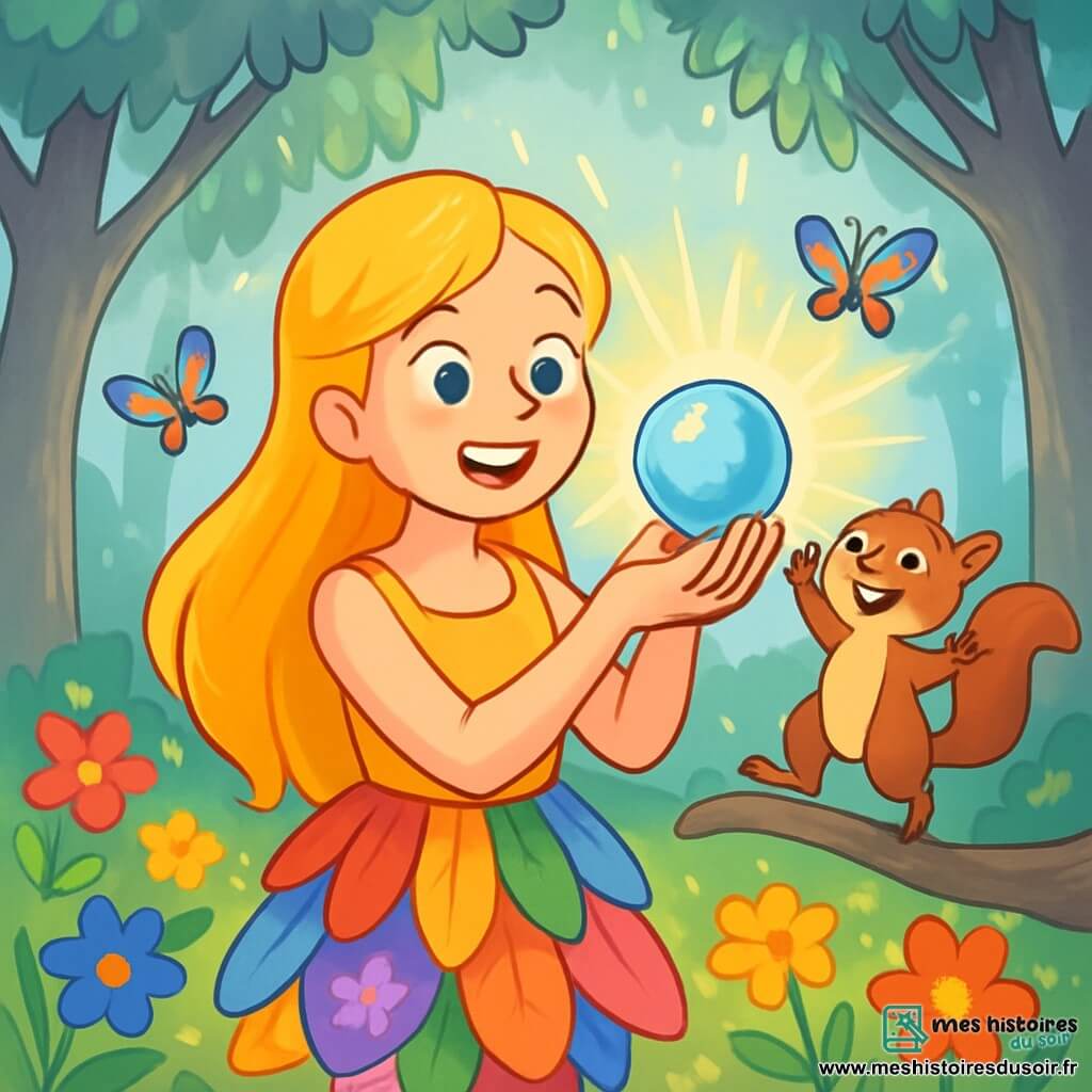 Lila, une jeune femme aux cheveux longs et dorés, porte une robe légère faite de pétales de fleurs colorées. Son visage exprime la joie, et ses yeux brillants reflètent la magie du moment. Elle se tient au centre d'une clairière argentée, tenant délicatement la Pierre des Rêves, entourée d'une lumière éclatante. À ses côtés, Noisette, un petit écureuil aux yeux pétillants et au pelage brun, danse sur une branche, ajoutant une touche de gaieté. En arrière-plan, la clairière est baignée d'une lumière douce, entourée d'arbres majestueux et de fleurs multicolores, tandis que des papillons virevoltent. La scène montre Lila découvrant la Pierre des Rêves, illuminée par une lumière magique, alors que la forêt s'éveille autour d'elle.