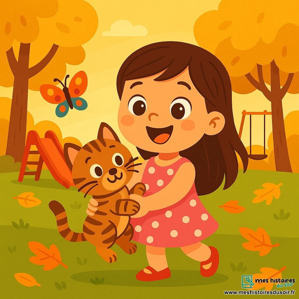 Une petite fille de 4 ans, avec de longs cheveux bruns et des yeux pétillants, porte une robe rose à pois blancs. Elle sourit en tenant un petit chaton tigré nommé Moustache, curieux et heureux. Le chaton est assis sur l'herbe verte, regardant un papillon coloré. Le parc est rempli d'arbres aux feuilles dorées et le sol est couvert de feuilles d'automne. Au loin, un toboggan rouge et une balançoire se balancent. Lily et Moustache jouent ensemble, riant sous la lumière dorée du coucher de soleil.