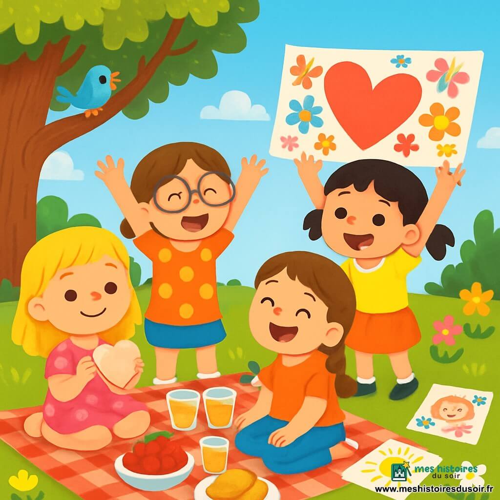 Quatre enfants préparent un pique-nique surprise pour leurs mamans dans un jardin ensoleillé. Lili, 6 ans, est assise sur une nappe à carreaux, souriante avec un sandwich en forme de cœur. Zoé, également 6 ans, se tient debout avec des gobelets de jus de pommes pétillant, les bras levés. Emma, avec une tresse, chante à côté de Lili, tandis que Clara, tenant une banderole « Bonne fête, Maman ! », est entourée de ses dessins. L'ambiance est joyeuse, avec des fleurs multicolores et des oiseaux chantant, créant une atmosphère festive.