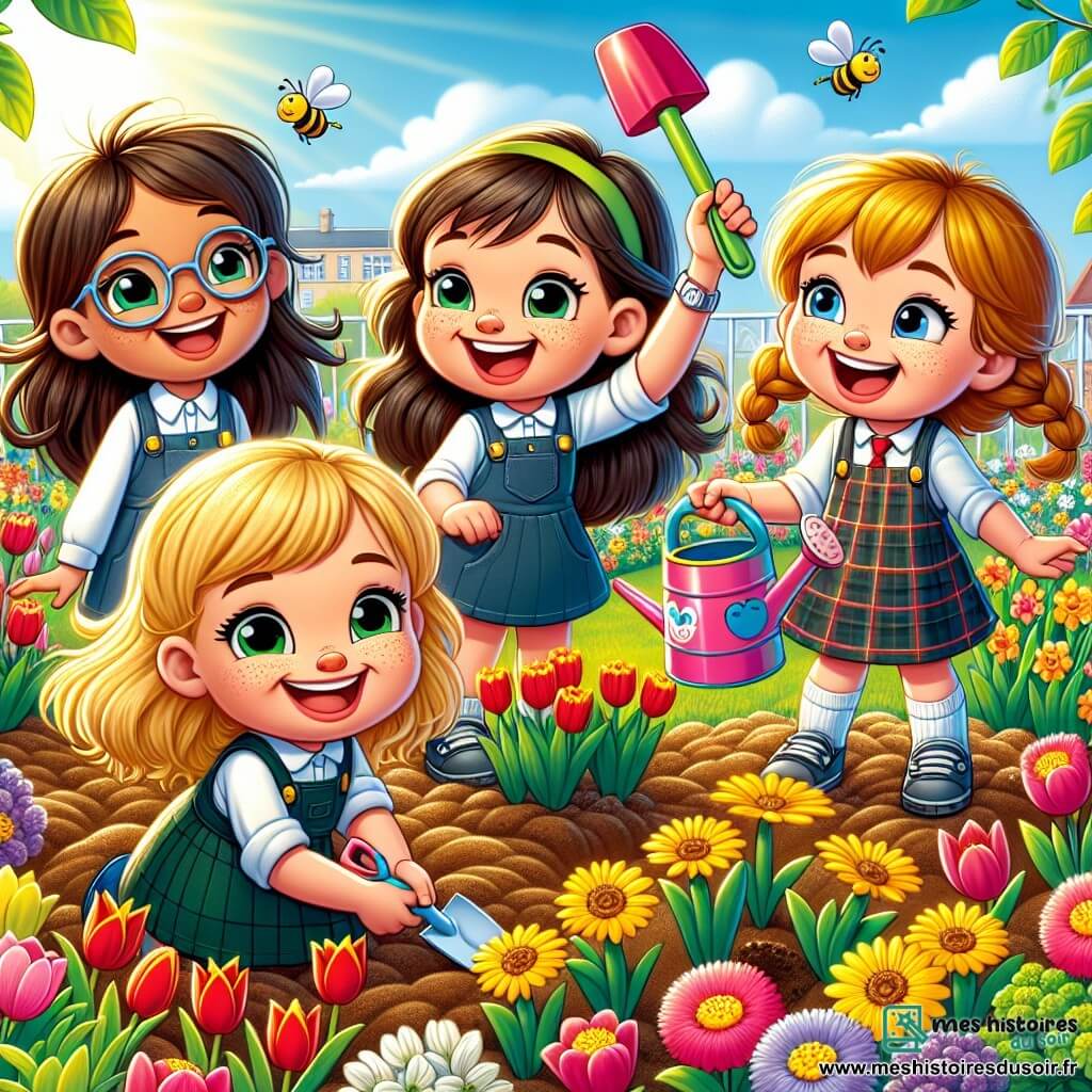 Dans un jardin d'école en floraison, quatre filles de cinq ans se tiennent au centre. Léa, avec des cheveux bruns et des lunettes, sourit en tenant une petite pelle. À sa droite, Emma, aux cheveux blonds et bouclés, saute avec un arrosoir coloré. À gauche, Chloé, utilisant une poussette, admire les fleurs naissantes, et Sara, avec des cheveux châtains et une tresse, montre une fleur jaune. Le jardin est rempli de tulipes rouges, de jonquilles jaunes et de fleurs sauvages. Le soleil brille dans un ciel bleu clair, et des abeilles bourdonnent. Les filles plantent des graines, riant et chantant, célébrant le printemps et la beauté de la nature.