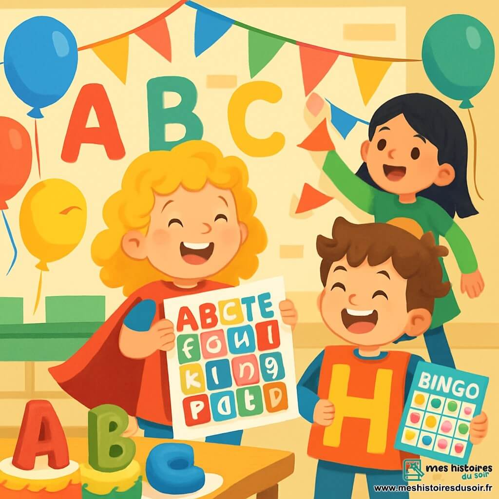 Léa, une petite fille de 6 ans aux cheveux bouclés et dorés, porte une cape en forme de L et affiche un grand sourire tout en tenant une affiche colorée avec des lettres de l'alphabet. À ses côtés, son ami Hugo, également âgé de 6 ans avec des cheveux bruns en bataille, est déguisé en H et rit en tenant un jeu de Bingo des Lettres. Chloé, une fille de 6 ans aux cheveux lisses et noirs, est déguisée en C et décore la classe avec des guirlandes colorées. La scène se déroule dans une salle de classe lumineuse, ornée de lettres géantes, de ballons multicolores et de tables garnies de gâteaux en forme de lettres. Léa et ses amis célèbrent leur fête de l'alphabet en chantant joyeusement, créant une atmosphère festive et chaleureuse.