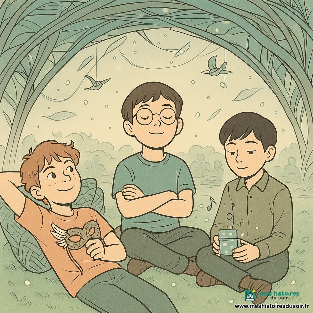 Trois garçons de 10 ans : Eliott, visage rond, lunettes fines, cheveux bruns courts, assis au centre sur un coussin de mousse, mains croisées sur la poitrine, regard vers le haut ; Yanis, cheveux en bataille, taches de rousseur, sourire malicieux, allongé à gauche sur un oreiller tissé, une main derrière la tête, l’autre tenant un masque-yeux à plumes ; Hugo, cheveux noirs lisses, posture calme, assis à droite en tailleur, tenant une petite boîte de lucioles musicales émettant des notes stylisées. Ils sont sous une grande pergola végétale futuriste — voûte de lianes argentées et fibres optiques, branches entrelacées, panneaux translucides laissant filtrer une lumière douce, tapis de mousse et coussins tissés avec de petites lucioles comme points lumineux. Scène : sieste collective dans la cité futuriste, foule floue en arrière-plan, silence suggéré par lignes ondulées, pergola lumineuse qui pulse doucement, silhouettes d’oiseaux mécaniques suspendues et pétales synthétiques tombant en pluie légère.