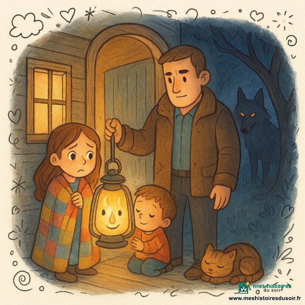 La petite lanterne est une lanterne en verre miel au visage souriant, flamme douce et courageuse, pendue à la poignée et éclairant vers l'extérieur ; le Papa, grand et rassurant en veste épaisse, ouvre la porte protecteur entre la maison et la forêt ; la fillette de six ans, couverture colorée serrée, yeux inquiets mais confiants, reste près de la lanterne ; le petit frère blotti contre elle tient la lueur, rassuré ; le chat rayé, recroquevillé sur le seuil près des chaussures du Papa, ronronne les yeux mi-clos ; le grand méchant loup, silhouette grande et élancée au pelage gris sombre aux reflets roux et aux yeux brillants, se tient dans l'ombre sous un chêne à l'orée de la haie, observant la maison sans entrer ; lieu : entrée d'une maisonnette en bois au bord d'une forêt, plancher usé, seuil baigné d'un rond chaud, fenêtres à carreaux, nuit bleue profonde avec brouillard léger ; situation : confrontation tranquille — la lanterne éclaire la porte, le Papa protège, les enfants restent près de la lumière et le loup recule dans l'ombre.