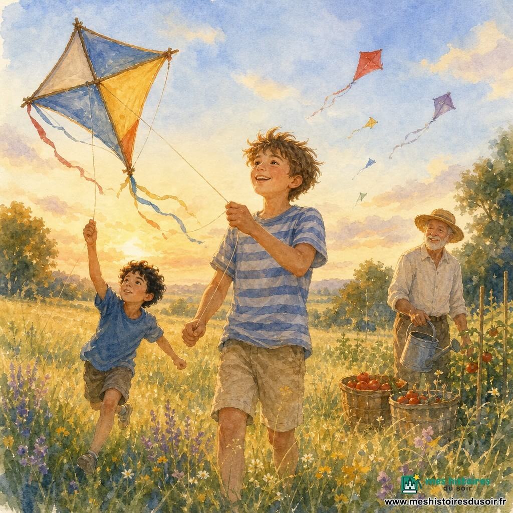 Léo, 12 ans, cheveux châtain clair en bataille, t-shirt rayé bleu et short beige, tient une ficelle serrée et regarde son cerf‑volant artisanal en tissu et branches tirer, sourire émerveillé et posture fière ; Sami, ~11 ans, cheveux bouclés noirs, expression concentrée, aide au lancement en courant légèrement en avant à gauche ; un homme d’environ 70 ans, chapeau de paille et chemise claire, tient un arrosoir près de seaux de tomates à l’arrière‑plan droit, observant avec un doux sourire ; lieu : grand pré herbeux aux herbes hautes et fleurs sauvages jaunes et violettes, quelques arbres en bordure, ciel bleu pâle avec nuages légers et autres petits cerfs‑volants colorés en arrière‑plan ; ambiance joyeuse et tranquille de vacances d’été, mouvement vif de la ficelle au soleil ; style aquarelle douce, couleurs pastel saturées, traits délicats, textures papier apparentes, lumière chaude du coucher de soleil.