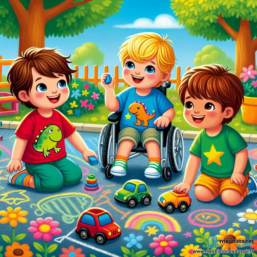 Dans une cour d'école colorée, trois enfants jouent ensemble. Léo, un garçon de trois ans et demi avec des cheveux bruns, porte un t-shirt rouge avec un dinosaure et tient une petite voiture bleue. Max, un autre garçon du même âge aux cheveux blonds, porte un t-shirt bleu avec des étoiles et fait rouler une voiture rouge. Hugo, également âgé de trois ans et demi, est dans son fauteuil roulant, avec des cheveux châtains et un t-shirt jaune, et sourit en tenant une voiture verte. La cour est animée, pleine de couleurs vives, d'arbres et de fleurs, et les enfants s'amusent à faire rouler leurs voitures, créant une belle scène d'amitié lors de leur première journée d'école.