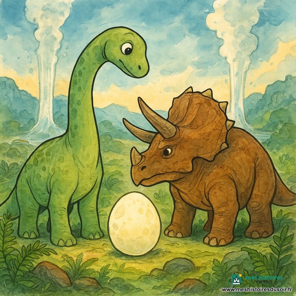 Lirio, un jeune diplodocus à la peau vert tendre et aux yeux curieux, se tient près d'un geyser chantant, tendant son long cou vers un œuf-lune brillant d'une douce lueur. À ses côtés, Tork le tricératops, robuste et protecteur, avec sa peau brun terre et ses cornes imposantes, veille attentivement sur l'œuf. Ils sont dans une vallée enchantée, où des geysers jaillissent en colonnes d'eau chaude, entourés de fougères luxuriantes et de pierres couvertes de mousse. La scène principale montre Lirio et Tork unissant leurs forces pour protéger l'œuf-lune, tandis que la lumière de la pierre-lune illumine doucement le paysage, créant une atmosphère magique et de camaraderie.
