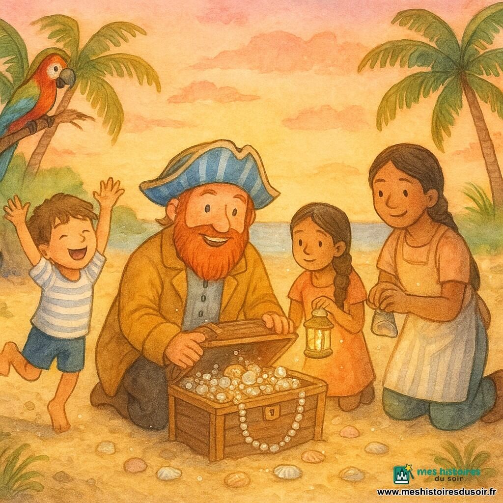 Le capitaine Octave (environ 45 ans), barbe rousse, tricorne bleu et blanc et veste moutarde, accroupi et souriant, ouvre une vieille malle remplie de perles et coquillages; Timothée (environ 10 ans) à gauche saute de joie, Zoé (environ 12 ans) à droite tient une lanterne et se penche vers Octave, Pablo (environ 30 ans), cuistot rondouillard en tablier, est agenouillé en remettant un coquillage dans la boîte; le perroquet Couac est perché sur un palmier; sur un îlot sableux au coucher du soleil, palmiers penchés et grotte en arrière, l'équipage sort du tunnel et découvre la malle enfouie, scène d'émerveillement avec lumière chaude et reflets nacrés.