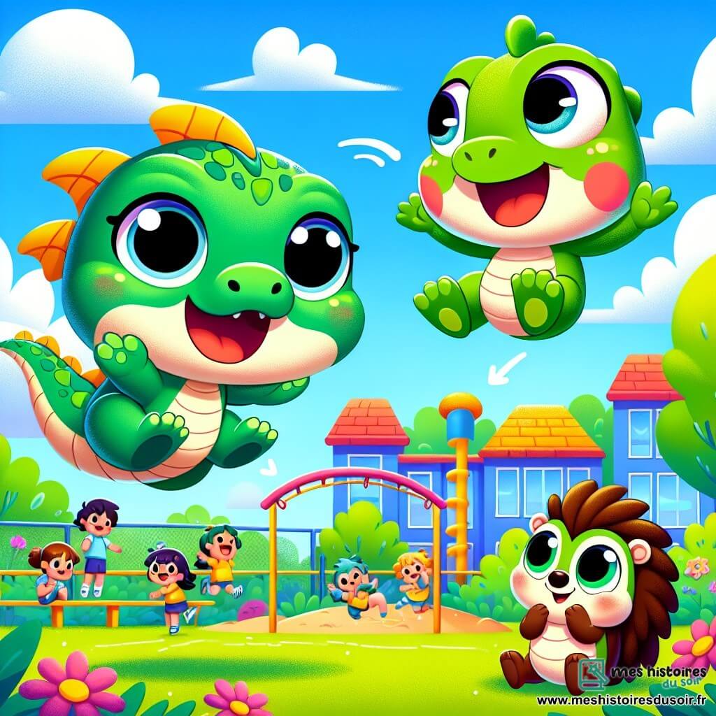 Un petit dragon nommé Doudou, avec des écailles vertes et une aile plus petite que l'autre, sourit en volant et effectuant une pirouette. À côté de lui, Lila la grenouille, avec sa peau verte brillante et ses grands yeux ronds, saute haut avec un large sourire. Max le hérisson, sur le sol, rit et applaudit ses amis avec un regard admiratif. La scène se déroule dans une cour d'école colorée, entourée de fleurs et de grands arbres, avec un ciel bleu et des enfants jouant en arrière-plan. Doudou, Lila et Max célèbrent leurs différences et illustrent l'importance de l'acceptation et de l'amitié.