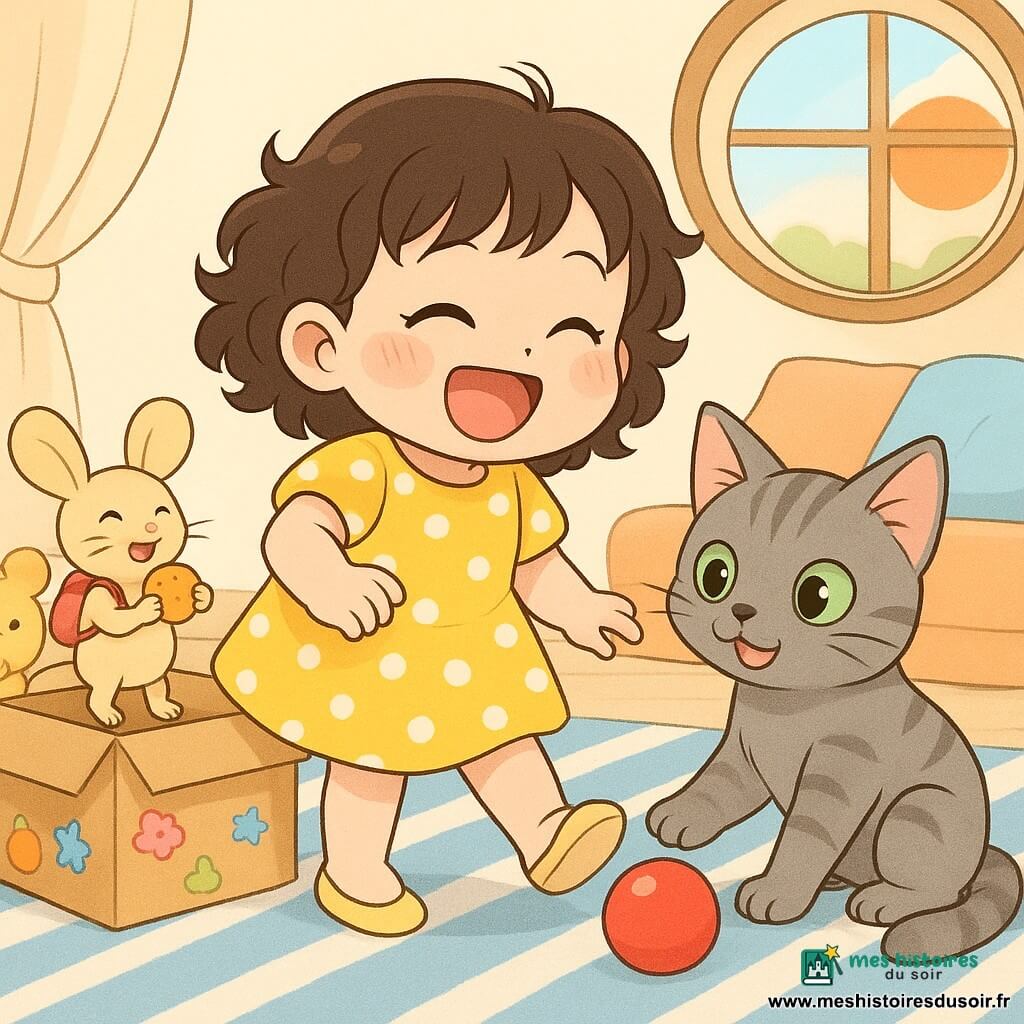 Fillette de 2 ans rieuse aux cheveux bruns bouclés, en robe jaune à pois blancs, pousse du pied une petite balle rouge; à sa droite, Tom le chat gris aux yeux verts tend la patte vers la balle; à sa gauche, une minuscule souris beige avec un petit sac rouge, installée sur une boîte en carton ouverte faisant office de mini-lit, tend un biscuit; décor : salon lumineux avec tapis rayé bleu et blanc, coussins, fenêtre ronde laissant entrer un soleil orangé et peluches éparpillées; scène joyeuse et comique, couleurs vives, formes rondes et ambiance douce.