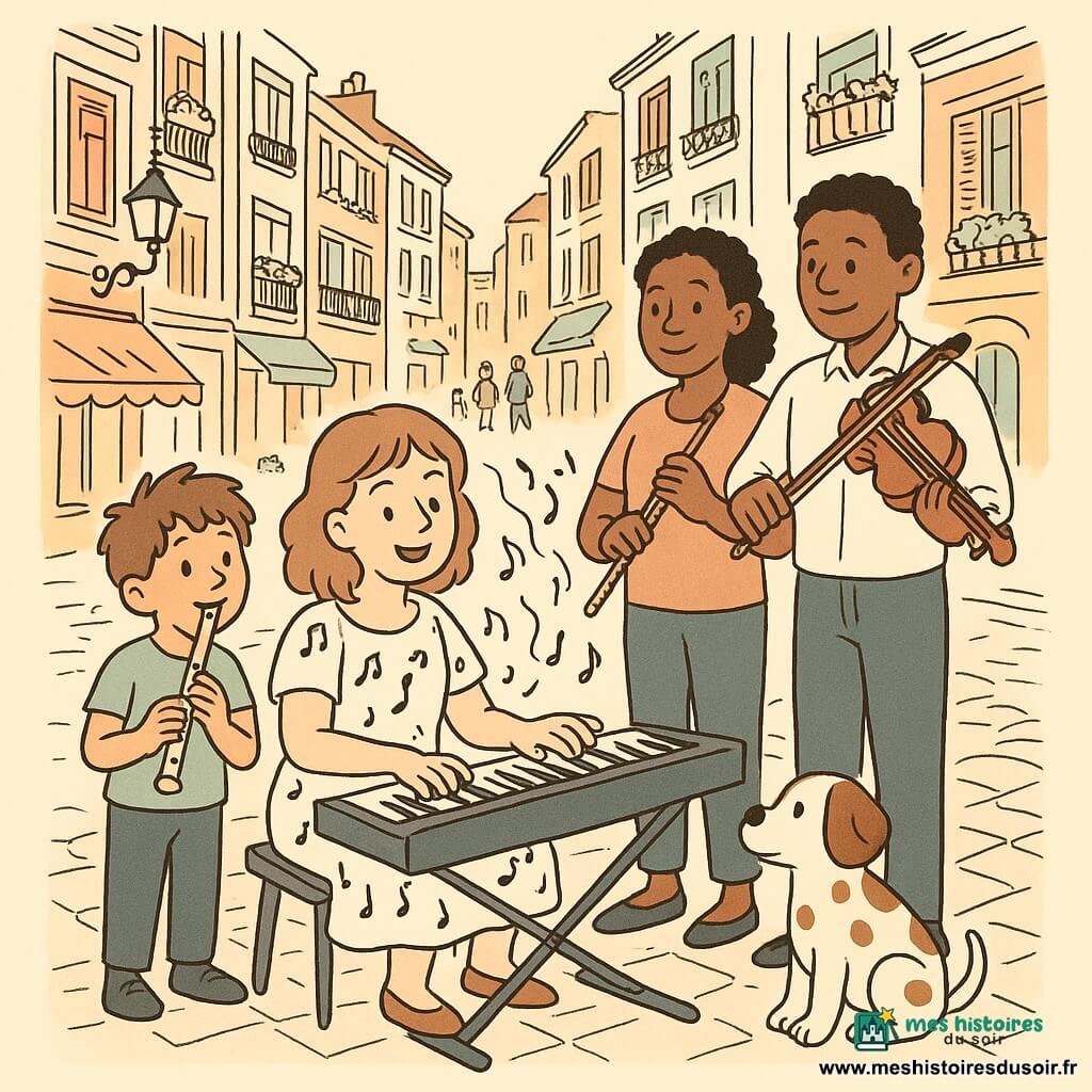 Mélodie, femme au visage rond et souriant, cheveux mi-longs ondulés, robe à petites notes de musique, joyeuse et concentrée, assise devant un petit clavier portable sur pupitre, mains en mouvement; Lucas, garçon d’environ 8 ans aux cheveux en bataille, à gauche tenant une petite flûte, émerveillé; à droite deux musiciens adultes (un homme au violon, une femme au saxophone) prêts à jouer; un petit chien tacheté assis au premier plan près des pieds de Mélodie, attentif; lieu : ruelle piétonne pavée avec balcons en fer forgé garnis de pots de fleurs, lampadaires anciens, devantures colorées aux volets ouverts et quelques passants esquissés; situation : jam session conviviale en plein air menée par Mélodie, notes comme de petites volutes s’échappant du clavier vers le ciel.