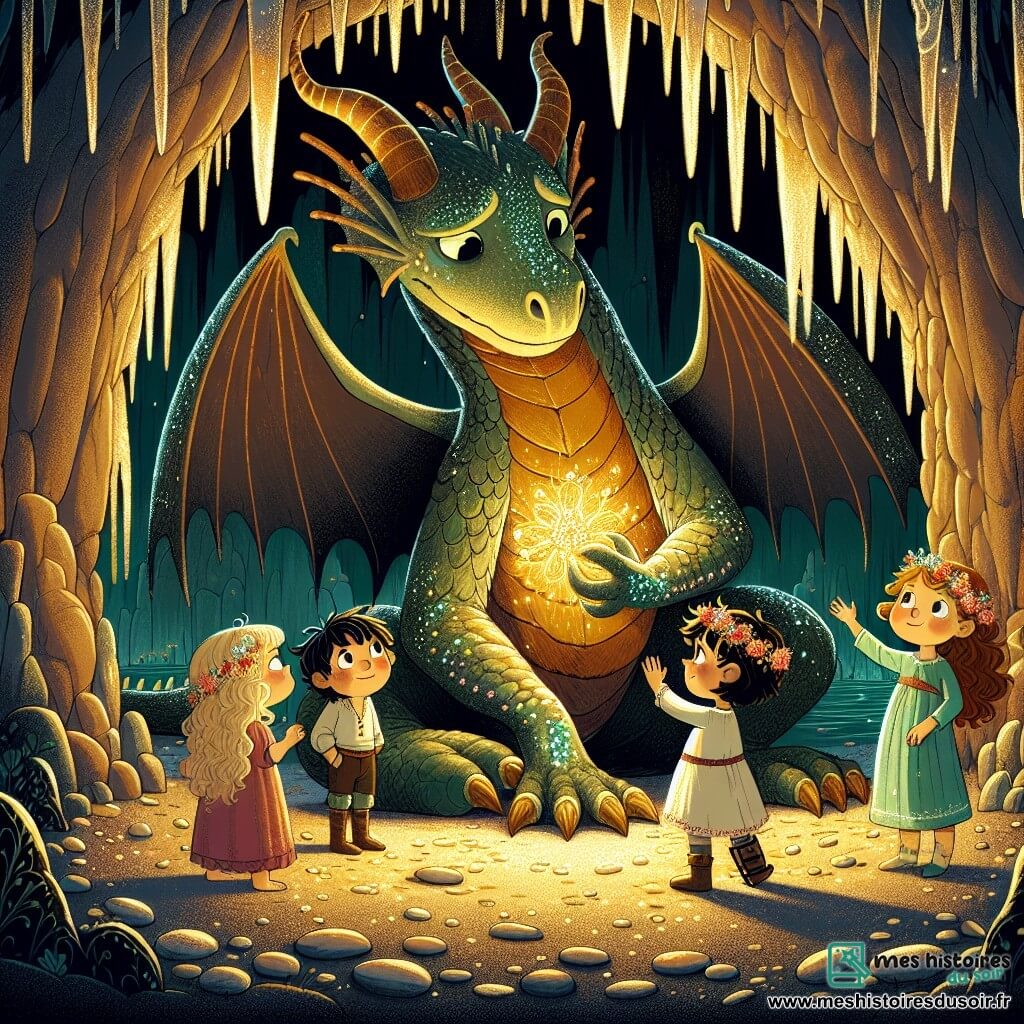 Dans une grotte sombre, un dragon immense aux écailles vertes tient le soleil dans ses griffes. Lila, une petite fille de 8 ans aux cheveux dorés et en robe rose, regarde le dragon avec compassion. Tom, un garçon de 7 ans aux cheveux bruns, lève les bras en signe de courage. Mia, une fillette de 6 ans avec une couronne de fleurs, sourit au dragon. Max, un garçon de 9 ans avec une jambe en bois, tient la patte du dragon. La grotte est éclairée par la lueur dorée du soleil, créant des ombres sur les murs. Les amis tentent de convaincre le dragon de rendre le soleil au village, montrant que l’amitié peut surmonter la solitude et la tristesse.