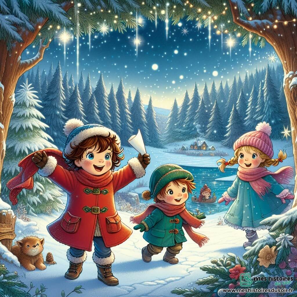 Dans une forêt enchantée, trois enfants se tiennent au centre de la scène. Léa, une fille de neuf ans aux cheveux châtains et bouclés, porte un manteau rouge vif et un bonnet en laine, souriant en tenant une lettre enroulée dans une écharpe rouge. À sa droite, Max, un garçon aux cheveux ébouriffés, est vêtu d'une veste bleue et d'un bonnet vert, regardant la lettre avec curiosité. À gauche, Mia, avec des cheveux blonds et tressés, porte un manteau rose et des gants blancs, sautant de joie. En arrière-plan, la forêt est remplie d'arbres majestueux recouverts de neige, avec un lac gelé au loin et des cristaux de glace scintillant sur les branches. Les enfants sont en pleine aventure, prêts à livrer une lettre au Père Noël pour une petite fille nommée Clara, remplis d'excitation et de magie de Noël.