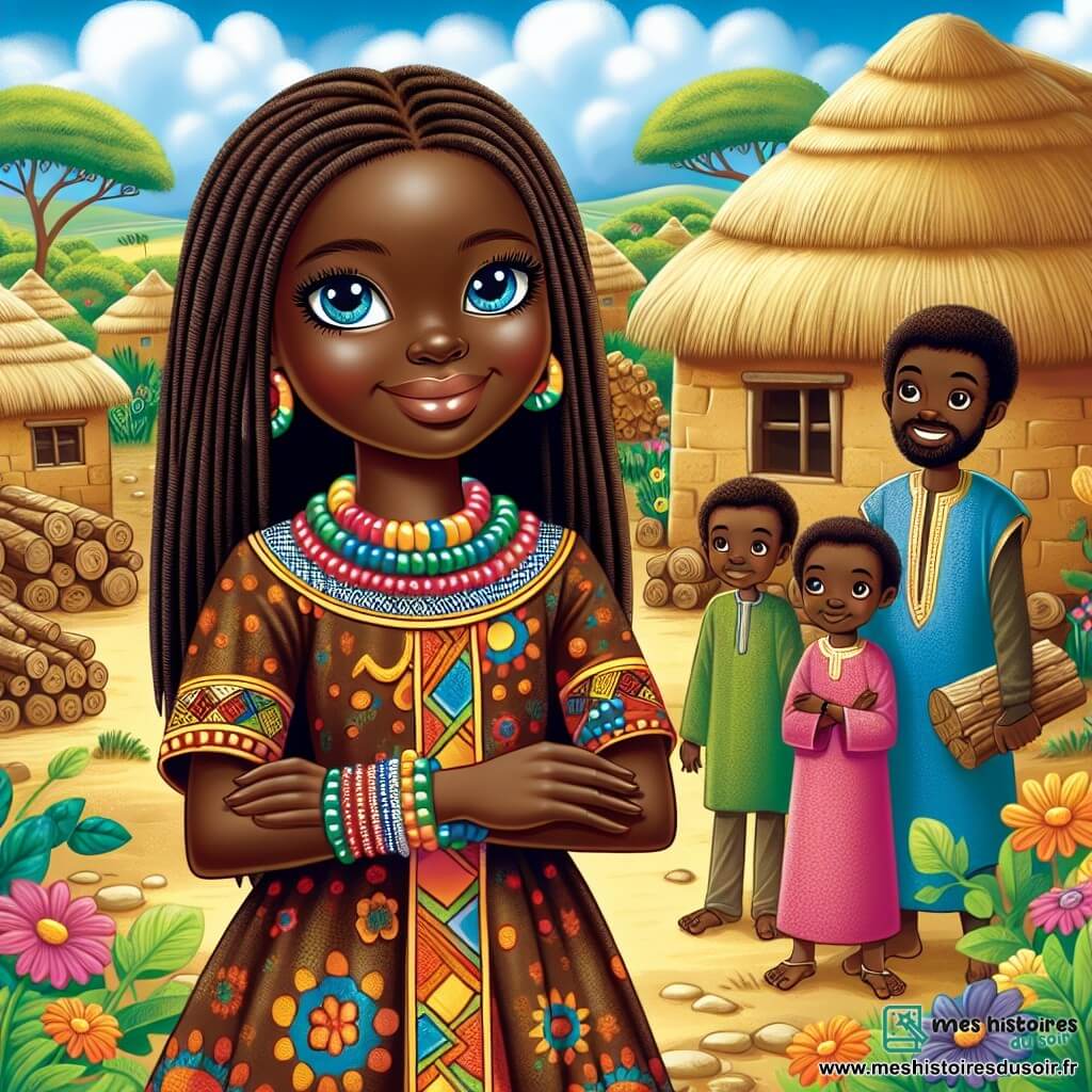 Aïssatou, une femme d'une trentaine d'années, se tient au centre de la scène, avec de longs cheveux noirs et des yeux déterminés. Elle porte une robe colorée ornée de motifs africains et sourit fièrement, tenant un morceau de bois sculpté, symbole de son engagement à construire le pont. À côté d'elle se trouve Kwame, un homme d'environ quarante ans, avec une barbe bien taillée, vêtu d'une tunique traditionnelle, admirant le travail des villageois. Le décor est un village africain en savane, avec des maisons en terre cuite, des arbres majestueux et un ciel bleu. Aïssatou et Kwame, entourés des villageois, célèbrent l'achèvement d'un pont, symbole de leur unité et diversité, tandis que les villageois, de différentes origines, se tiennent la main, souriant et prêts à traverser le pont.