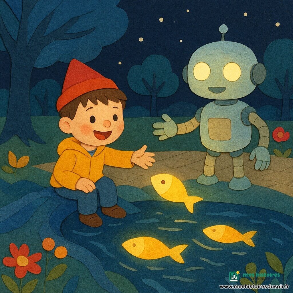 Un garçon de 4 ans, joyeux, cheveux bruns en brosse, portant un petit chapeau rouge et une veste jaune, est assis sur une grosse racine bleue et tend la main vers un poisson lumineux tandis qu'un robot nommé Zippy, métal poli aux tons pastel et yeux ronds lumineux, se tient à sa droite bras ouverts pour lui montrer un lac miroir; le décor est un parc futuriste nocturne avec allées scintillantes, fleurs en papier multicolores, grands arbres bleus aux branches en papier crêpe et poissons lumineux en papiers déchirés traçant des motifs dans l'eau, ambiance tendre, couleurs chaudes, textures de collage et bords découpés.