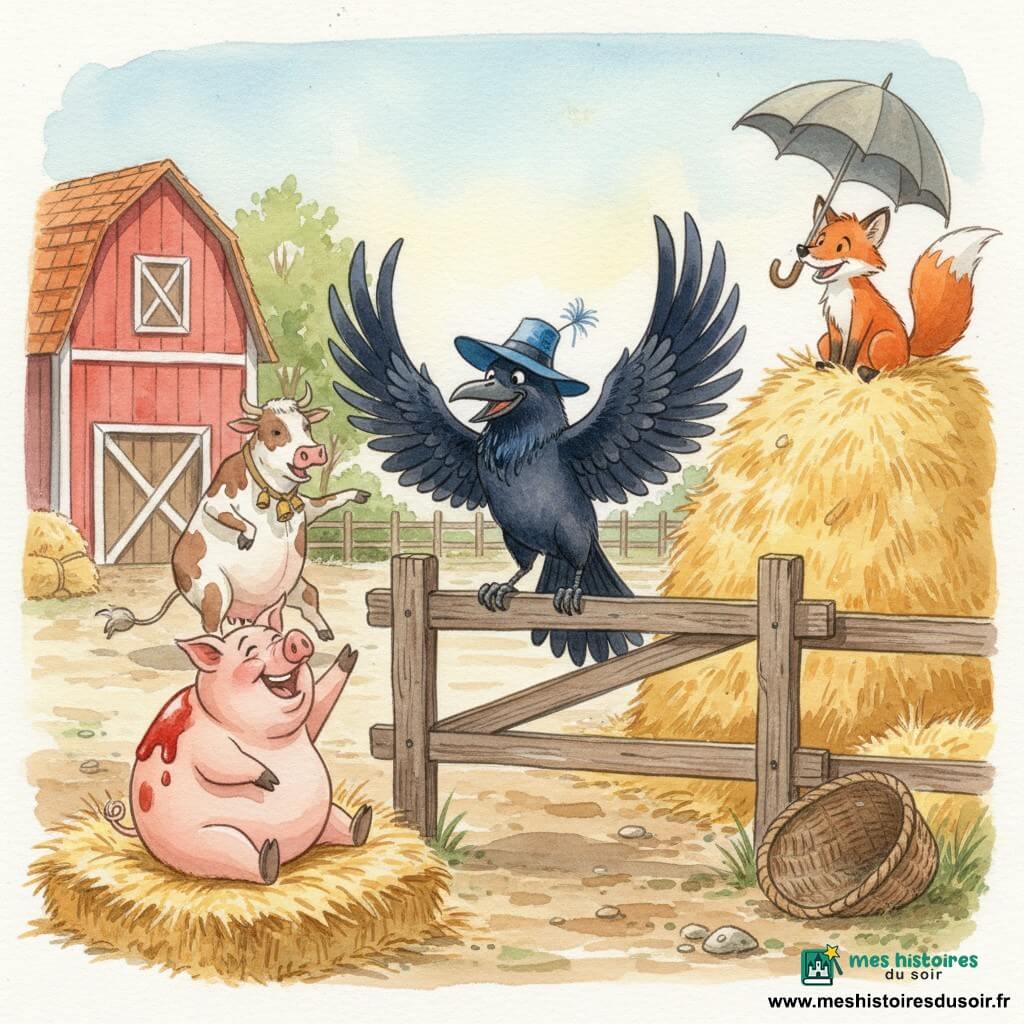 Un corbeau élégant à plumes noires bleutées porte un grand chapeau bleu et sourit en battant des ailes sur une barrière en bois; Gaston le cochon, rond et rose avec des taches de confiture, rit dans la paille à gauche; Louise la vache tachetée blanc et marron, avec des clochettes à la queue, danse près de la grange rouge; Rémi le renard roux, museau fin, est perché sur un tas de foin avec un vieux parapluie ouvert comme s'il avait sauté du toit; scène dans la cour d'une ferme ensoleillée (sol de terre battue, grange à toit de tuiles, tas de foin), moment de fête et de rires après un concours de bêtises, ambiance joyeuse aux couleurs vives et touches d'aquarelle.