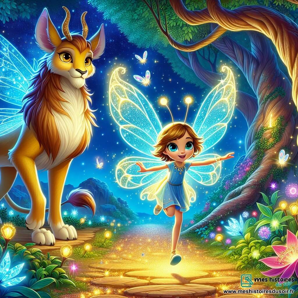 Lumine, une luciole aux ailes bleu éclatant, vole au-dessus d'un chemin scintillant, son visage déterminé. Elle est entourée d'une lumière dorée qui illumine son corps. À ses côtés, Orion, un gardien mi-cerf, mi-lion, se tient avec noblesse, ses yeux dorés pleins de sagesse. Ils se trouvent dans une forêt enchantée, avec des arbres géants et des feuilles scintillantes. La scène montre Lumine et Orion prêts à traverser un pont de lianes au-dessus d'un vide, symbolisant leur courage et leur aventure.