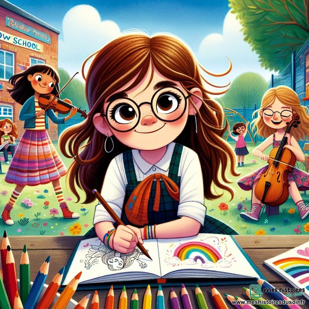 Clara, une fille de 11 ans aux longs cheveux bruns et lunettes rondes, sourit joyeusement assise sur un banc dans la cour de l'école Arc-en-Ciel, tenant un carnet de croquis entourée de crayons de couleur. À ses côtés, Léa, 12 ans, joue du violon avec passion, vêtue d'une robe colorée. Un peu plus loin, Tom, 11 ans, lit un livre sur un banc voisin, souriant à ses amis. La cour est vivante, remplie de fleurs et de fresques artistiques, sous un ciel bleu et ensoleillé. Clara dessine un paysage imaginaire, Léa joue une mélodie douce, et Tom les observe, illustrant l'esprit de camaraderie et de créativité qui règne ici.
