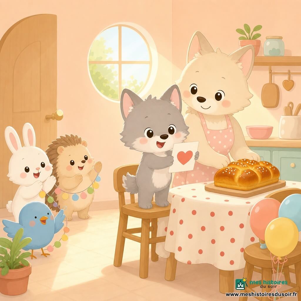 Petit Loup, petit loup gris au pelage doux, yeux ronds brillants et grandes oreilles, souriant debout sur une chaise devant une table et tenant une petite carte avec un cœur rouge ; Maman Loup, loupette crème au regard tendre, préparant une brioche dorée sur la table à droite ; trois amis — un lapin blanc, un hérisson beige et un oiseau bleu — applaudissent près de la porte en tenant des guirlandes ; cuisine lumineuse et cosy aux murs pêche, table en bois clair avec nappe à pois rouges, fenêtre ronde laissant entrer un rayon de soleil et ballons attachés à une chaise ; scène d'anniversaire : Petit Loup découvre la carte sur la table et sourit de surprise, la pièce décorée de couleurs gaies.