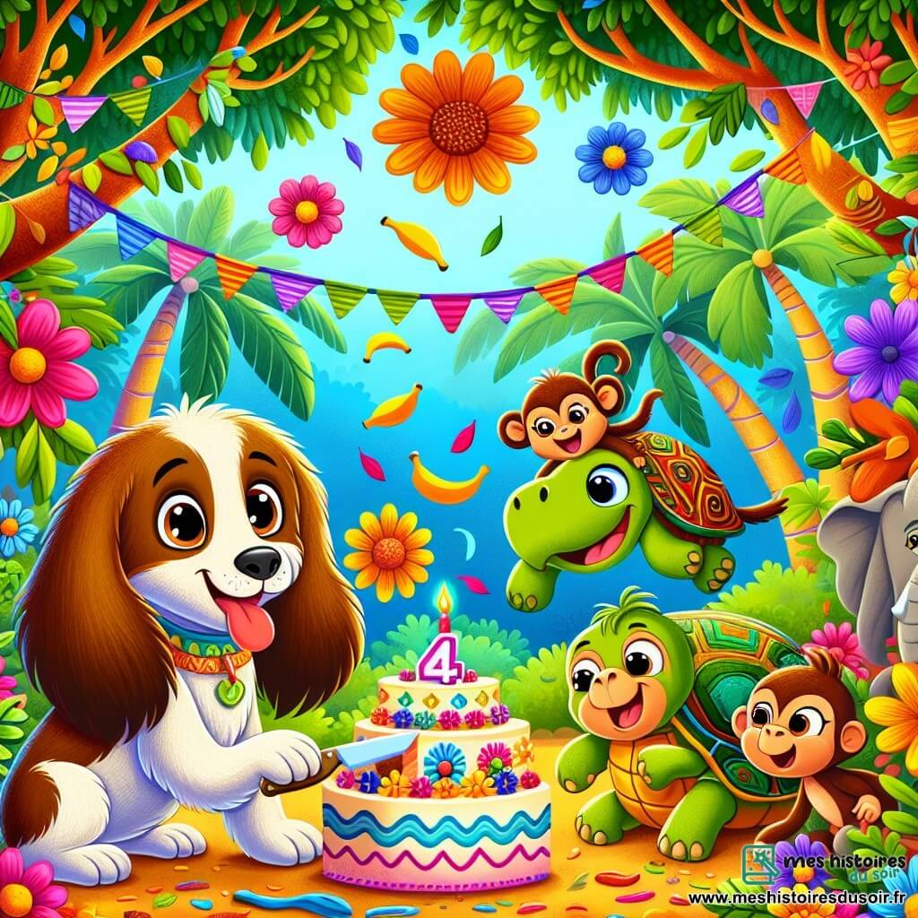 Un chien nommé Max, avec de grandes oreilles et une queue qui remue, se tient au centre de la scène, souriant avec des yeux pétillants, entouré de décorations colorées. À sa droite, Lola, une tortue verte, coupe un énorme gâteau aux fruits, concentrée mais heureuse. À gauche, Coco, un singe espiègle, jongle avec des bananes en riant. La scène se déroule dans une jungle vibrante, remplie d'arbres majestueux et de fleurs éclatantes, sous un ciel bleu ensoleillé. Au fond, des animaux curieux regardent avec émerveillement. Max et ses amis sont en pleine fête, riant et s'amusant ensemble, tandis qu'un léger vent fait voler quelques décorations.
