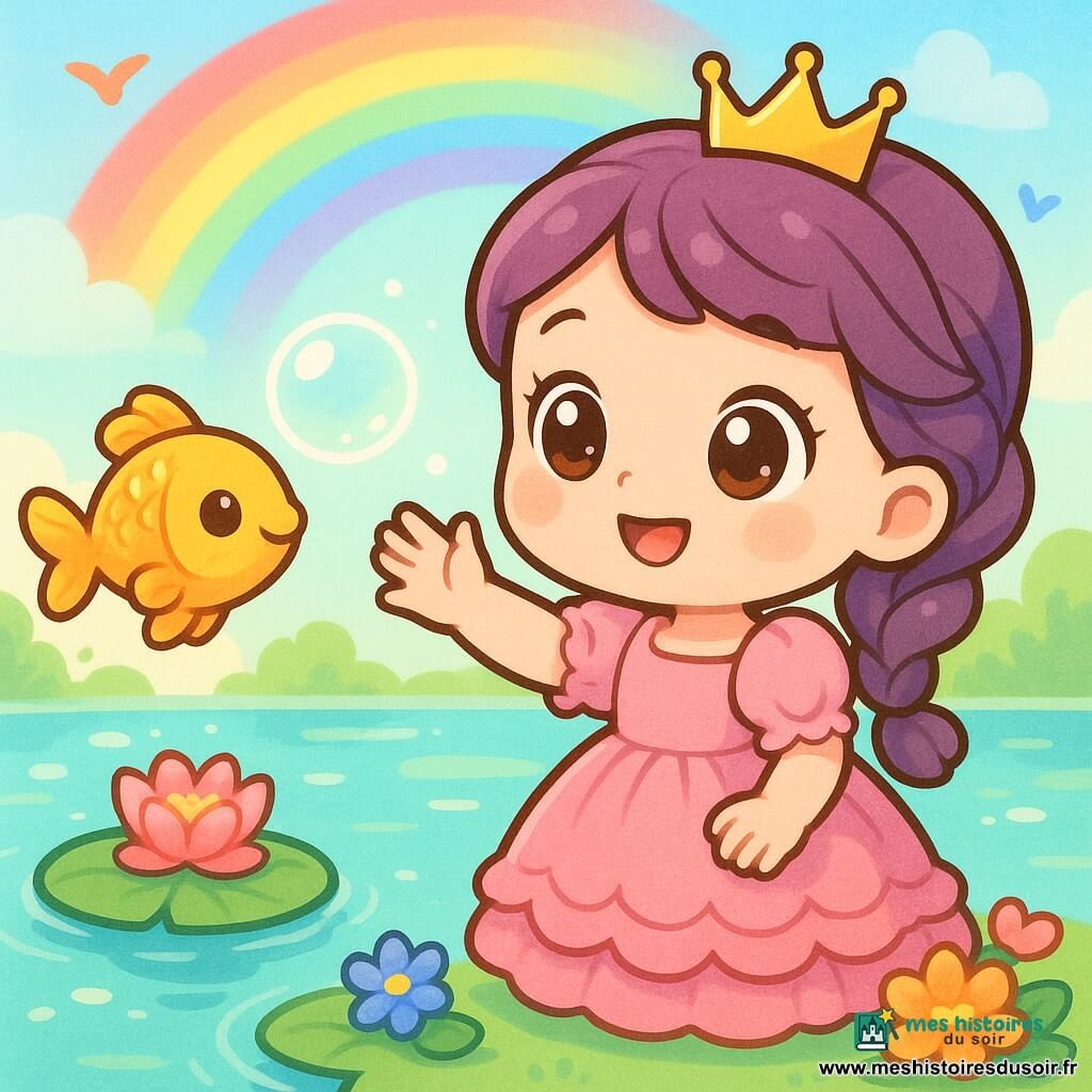 Princesse d’environ 6 ans au visage rond, cheveux violets en tresse, robe rose et petite couronne dorée, souriante et tendant la main vers une grosse bulle lumineuse; petit poisson doré aux écailles scintillantes saute près d’un nénuphar sur un étang turquoise avec larges nénuphars et fleurs colorées, reflets d’arc‑en‑ciel, ciel bleu pastel et quelques oiseaux en silhouettes; scène douce, mignonne et magique, couleurs vives, contours épais, centrée sur la princesse et le poisson.
