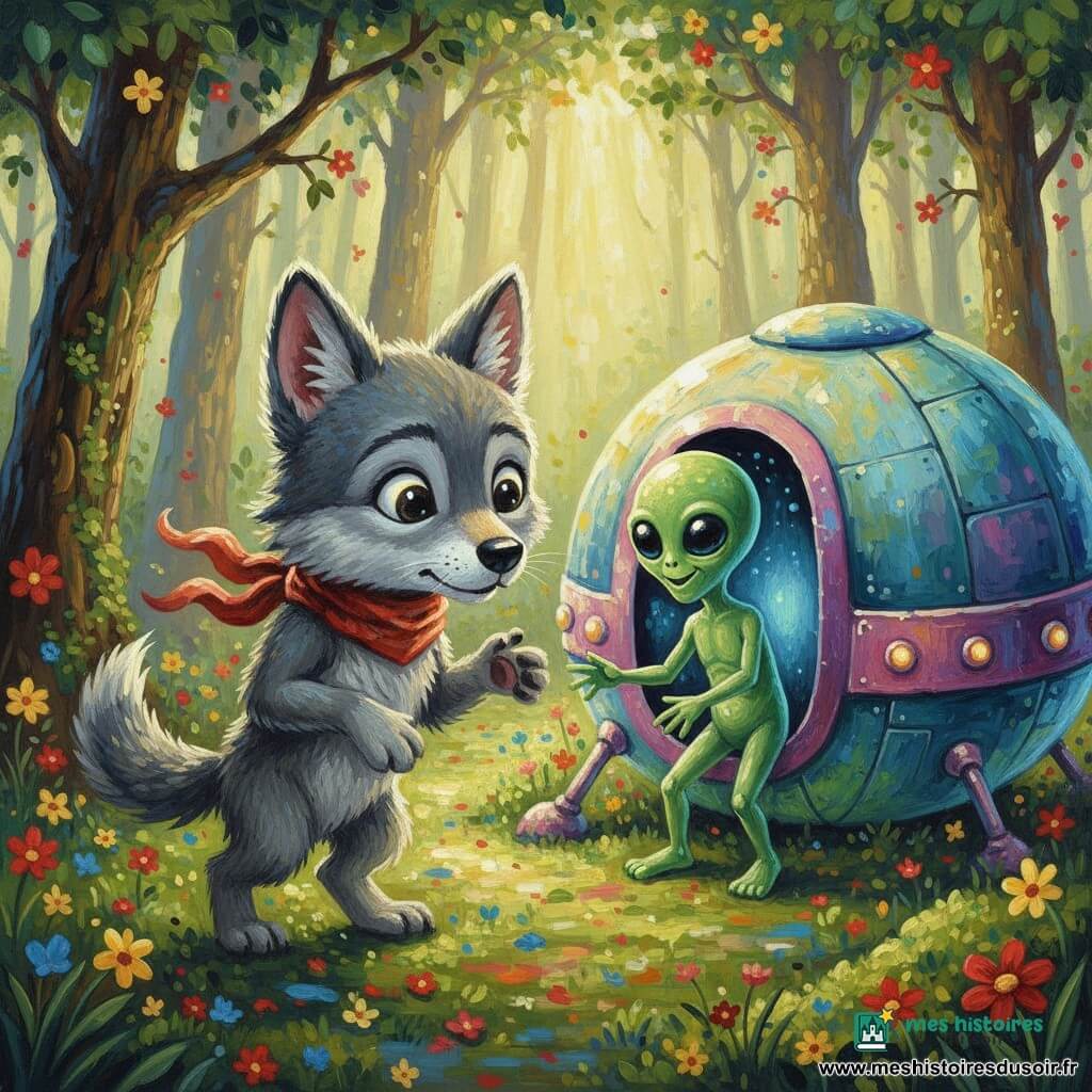 Un petit loup gris et duveteux, yeux brillants et expression émerveillée, debout près d'une clairière, renifle le sol en regardant un objet étrange ; il porte une écharpe rouge froissée. Un extraterrestre vert lumineux, peau lisse, grands yeux noirs et sourire amical tend la main depuis la porte arrondie d'un vaisseau ovale bleu-rose-argent aux lumières clignotantes, posé sur un tapis de mousse et fleurs multicolores. La clairière, entourée d'arbres aux troncs texturés et de fleurs rouges et jaunes, est baignée de rayons dorés ; ambiance chaleureuse, couleurs vives et composition centrée, rencontre magique et amicale adaptée aux enfants.