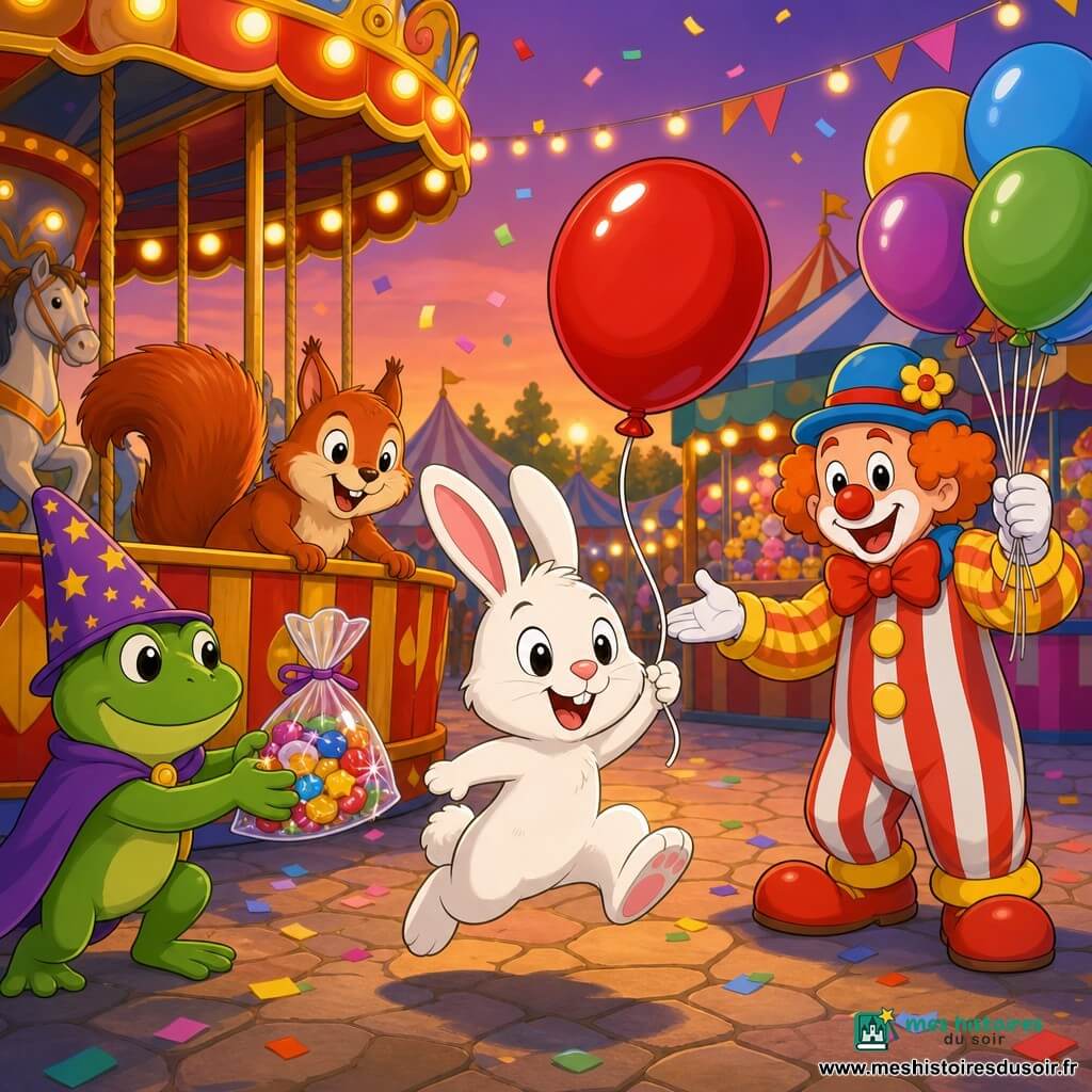 Un petit lapin blanc aux grandes oreilles roses tient un ballon rouge et saute au premier plan, près d'un écureuil roux près d'une barrière de manège; à gauche une grenouille au chapeau offre des bonbons, à droite un clown amical agite des ballons; décor : petit parc de carnaval avec manège en bois peint, stands rayés, guirlandes et confettis, ambiance joyeuse et chaleureuse au crépuscule.