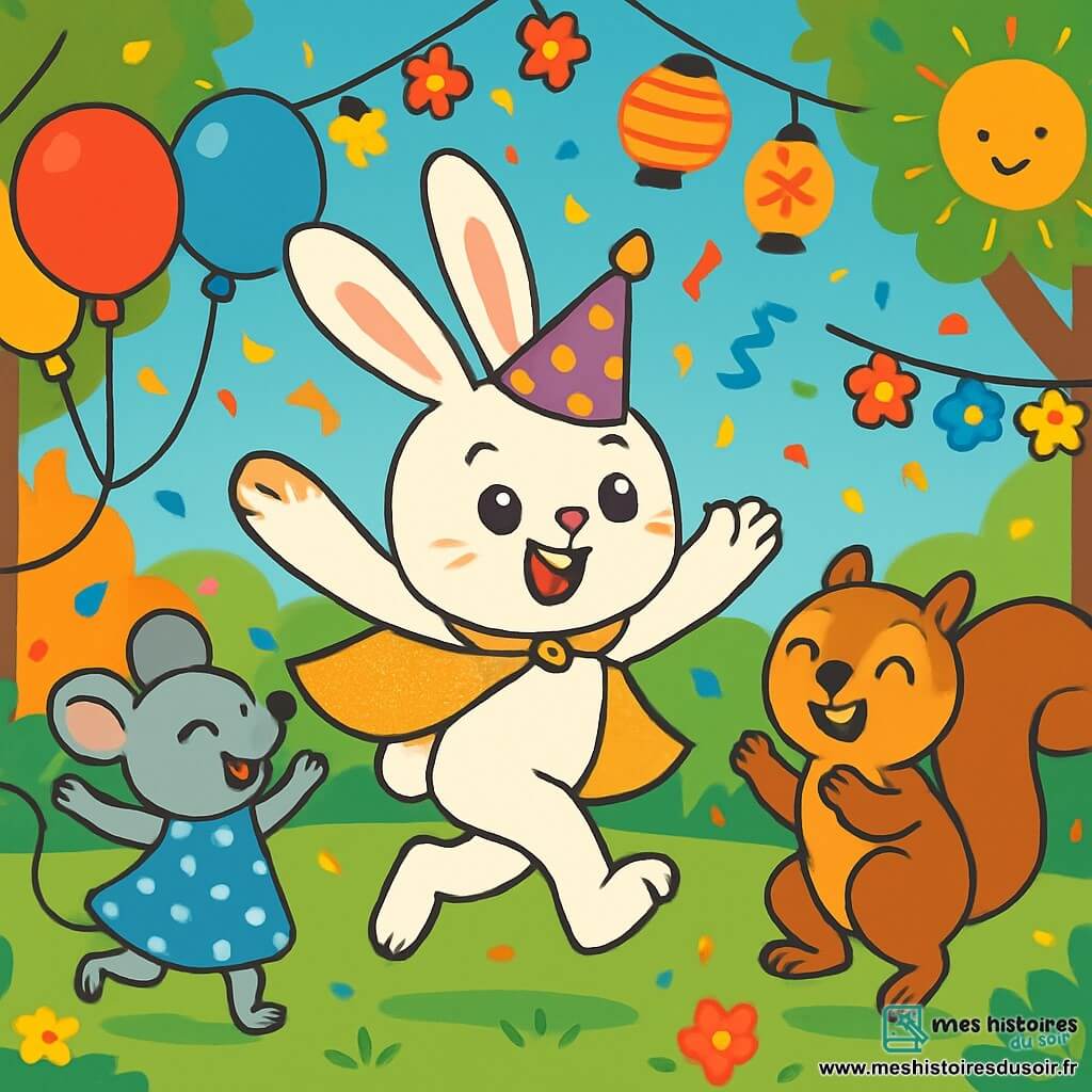 Lapinou, un petit lapin aux grandes oreilles et à la fourrure blanche, porte un chapeau pointu et une cape dorée qui scintille. Il sourit joyeusement et saute au milieu de la fête. À ses côtés, Zouzou la souris, habillée de bleu avec une robe à pois, danse en riant. Nino l'écureuil, avec sa fourrure brune, applaudit en sautant. La scène se déroule dans une clairière enchantée, entourée d'arbres colorés, avec des guirlandes de fleurs et des lanternes. Des confettis tombent et des ballons flottent. Lapinou et ses amis dansent ensemble, célébrant le carnaval magique avec des rires et des chants, créant une atmosphère de joie.