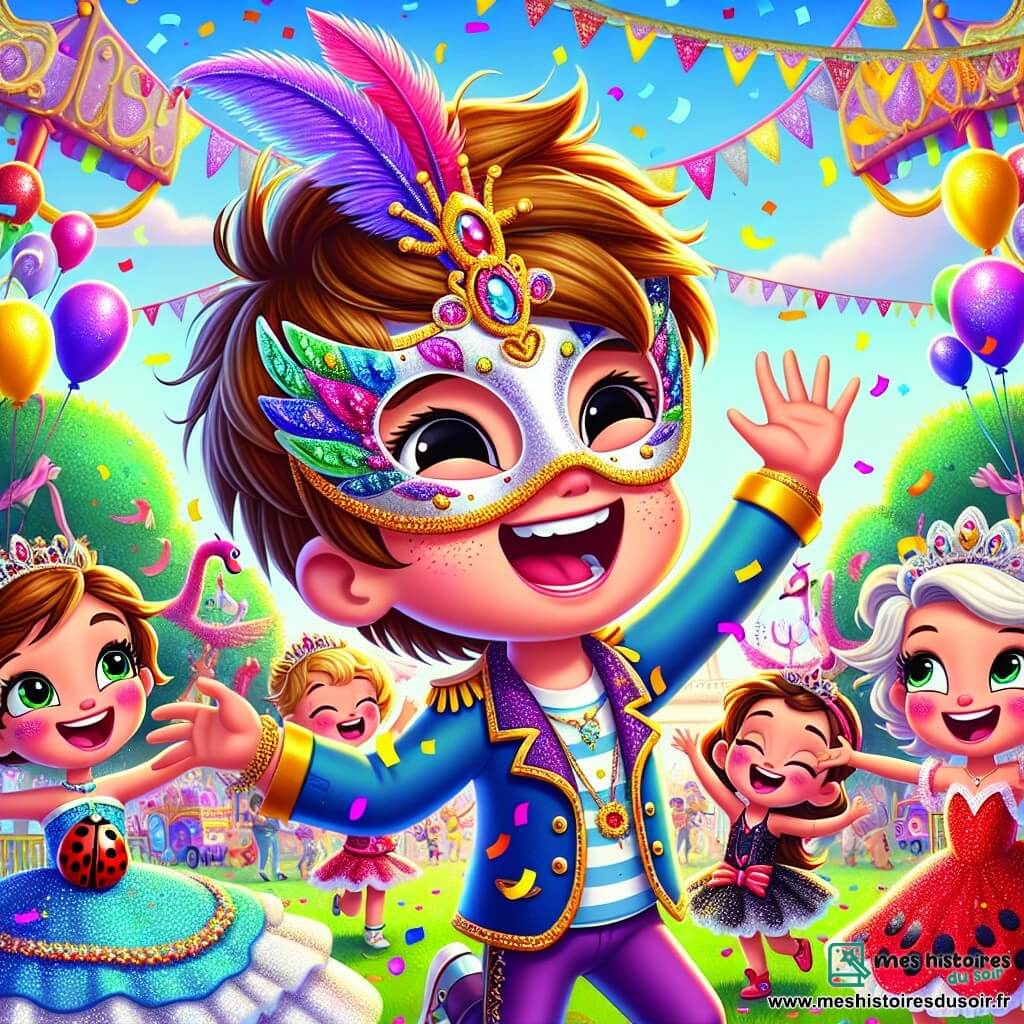 Un garçon de 6 ans, Tommy, avec des cheveux bruns en bataille et un grand sourire, porte un masque magique aux couleurs vives et danse avec enthousiasme, entouré de confettis. À ses côtés, Lila, déguisée en coccinelle, rit en agitant les bras. Un peu plus loin, Zoé, habillée en princesse, fait des pirouettes avec un ballon en forme de cygne. La scène se déroule dans le parc Fleuri, rempli de guirlandes colorées et de ballons flottants, avec des arbres décorés et une grande roue illuminée en arrière-plan. Tommy, Lila et Zoé s’amusent ensemble, créant une atmosphère magique et joyeuse.