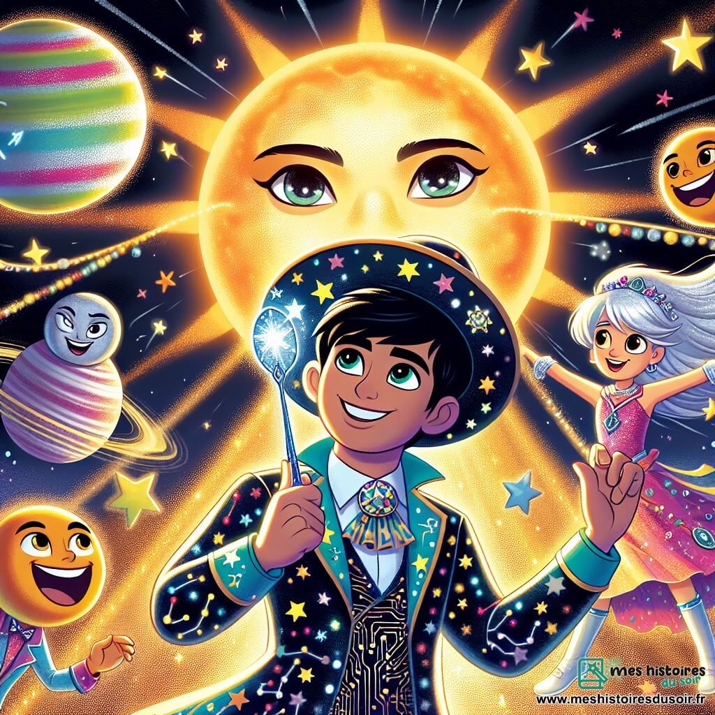 Léo, un homme souriant aux yeux curieux, porte un manteau étoilé et un chapeau pointu lumineux. Il se tient devant la Giga-Étoile, une étoile brillante, avec détermination, brandissant sa baguette-cuillère magique. À ses côtés, Saturne, une planète anthropomorphe joviale, danse avec ses anneaux colorés. Plus loin, Mercure, une jeune fille dynamique aux cheveux argentés, exécute une danse gracieuse entourée d'astéroïdes rieurs. La scène se déroule dans la constellation des Nouilles Étoilées, un lieu féerique avec des étoiles dansantes et des comètes lumineuses. Léo et ses amis planétaires dansent pour apaiser la Giga-Étoile, illustrant la magie de l'amitié et de la coopération.
