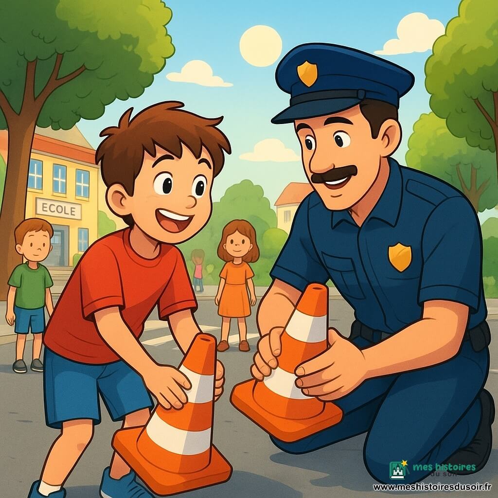 Antoine, un garçon de 8 ans aux cheveux bruns et aux yeux pétillants, porte un t-shirt rouge et un short bleu. Il sourit avec excitation en aidant son oncle Paul, un policier dans la trentaine avec une moustache, à installer des plots de sécurité. Ils se trouvent dans une rue animée près d'une école, entourés d'arbres et d'enfants jouant sur le trottoir. Le soleil brille, créant une ambiance chaleureuse. Antoine et Paul placent les plots, tandis que des enfants curieux les observent avec admiration. L'atmosphère est joyeuse et dynamique, reflétant un sens du devoir et de l'entraide.