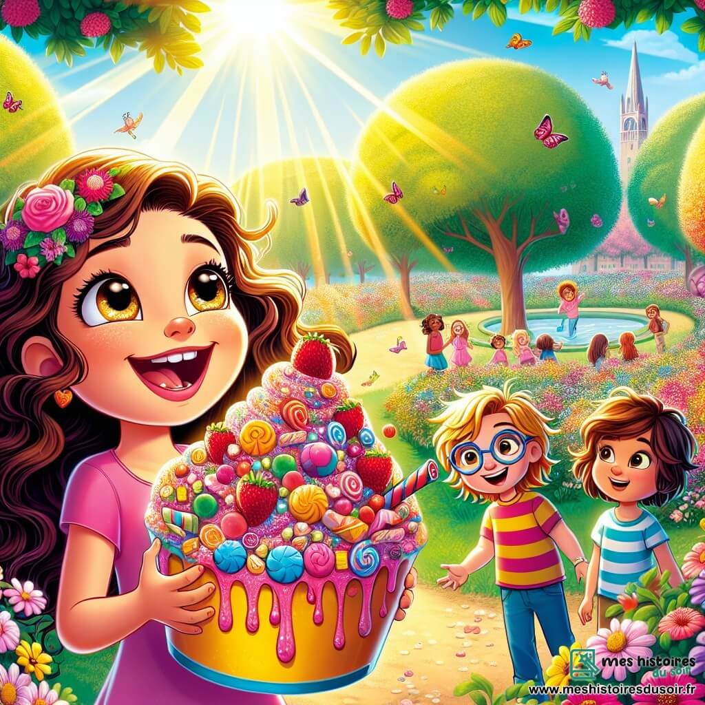 Lila, une petite fille de 5 ans aux longs cheveux bouclés et aux yeux pétillants, sourit en tenant une grande glace colorée garnie de fraises et de bonbons. Elle est entourée de ses amis : Timéo, 6 ans, avec des cheveux bruns en bataille et un sourire malicieux, qui fait une grimace, et Chloé, 5 ans, avec des lunettes rondes et des cheveux lisses, émerveillée par la glace. Le décor est un parc ensoleillé, rempli de fleurs colorées et d'arbres, où d'autres enfants applaudissent en arrière-plan. Lila et ses amis présentent leur glace aux bonbons tout en riant, illustrant l'amitié et la joie de leur concours de glaces.