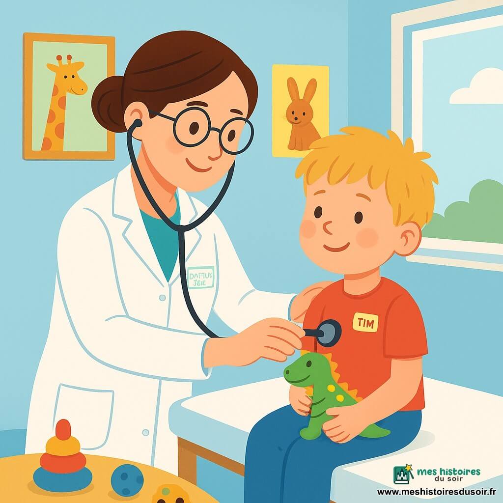 La docteure Lily est une femme souriante, avec des cheveux bruns en chignon et des lunettes rondes. Elle porte une blouse blanche et un stéthoscope autour du cou. Elle écoute le cœur d'un petit garçon, Tim, un garçon de 6 ans avec des cheveux blonds en bataille, assis sur une table d'examen, inquiet mais souriant, tenant un jouet dinosaure. L'hôpital est lumineux, avec des murs bleu clair et des dessins d'animaux. La docteure rassure Tim en lui parlant doucement, et il semble de plus en plus détendu.