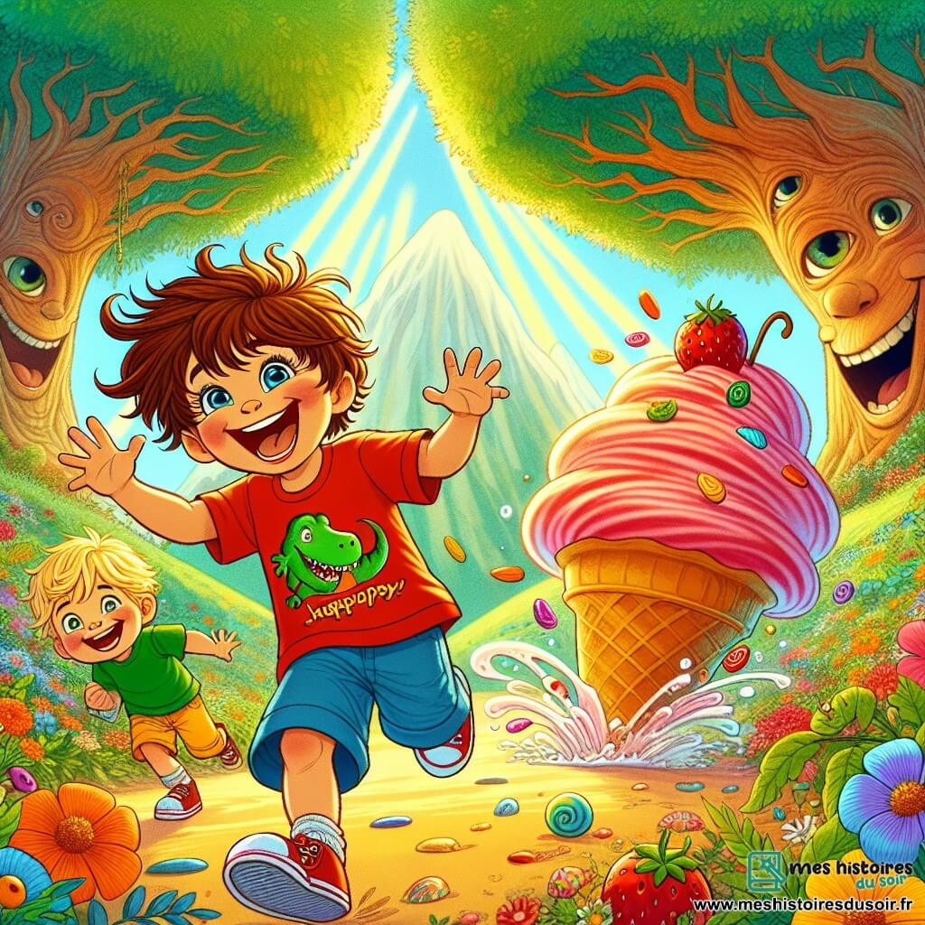 Max et Léo, deux garçons de cinq ans, se tiennent au centre de la scène. Max, avec ses cheveux châtains en bataille, porte un t-shirt rouge et un short bleu, riant aux éclats en essayant d'attraper une glace à la fraise qui roule. Léo, aux cheveux blonds, est légèrement en arrière, souriant et prêt à courir après la glace, vêtu d'un t-shirt vert et d'un short jaune. En arrière-plan, la Forêt des Rires, avec ses arbres géants et ses feuilles colorées, crée une ambiance magique. Cette scène montre les deux garçons en pleine chasse à la glace, entourés de couleurs éclatantes et de fantaisie humoristique.