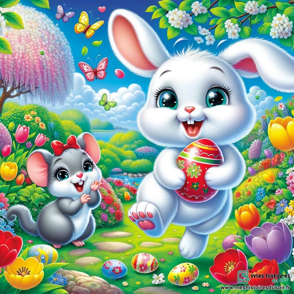 Un petit lapin blanc nommé Loulou, avec de grandes oreilles et des yeux joyeux, saute dans un jardin coloré, tenant un œuf rouge dans ses pattes avant et souriant. À côté de lui, Margot, une souris grise avec un nœud rouge, applaudit avec admiration. Le jardin est rempli de tulipes, de papillons et d'un ciel bleu. Loulou cherche des œufs colorés cachés, tandis que Margot l'encourage, créant une ambiance festive et joyeuse.